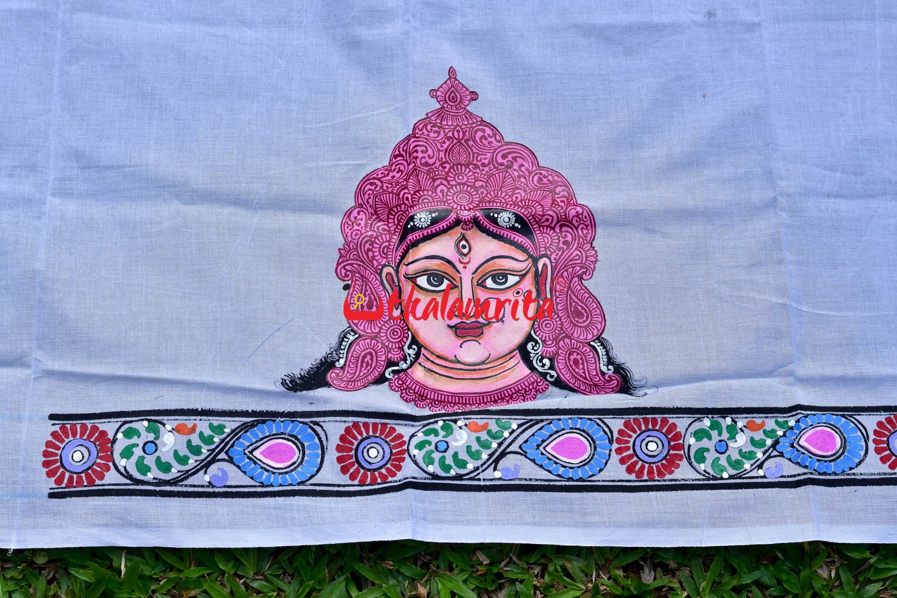 White Durga Pattachitra (Blouse Piece)