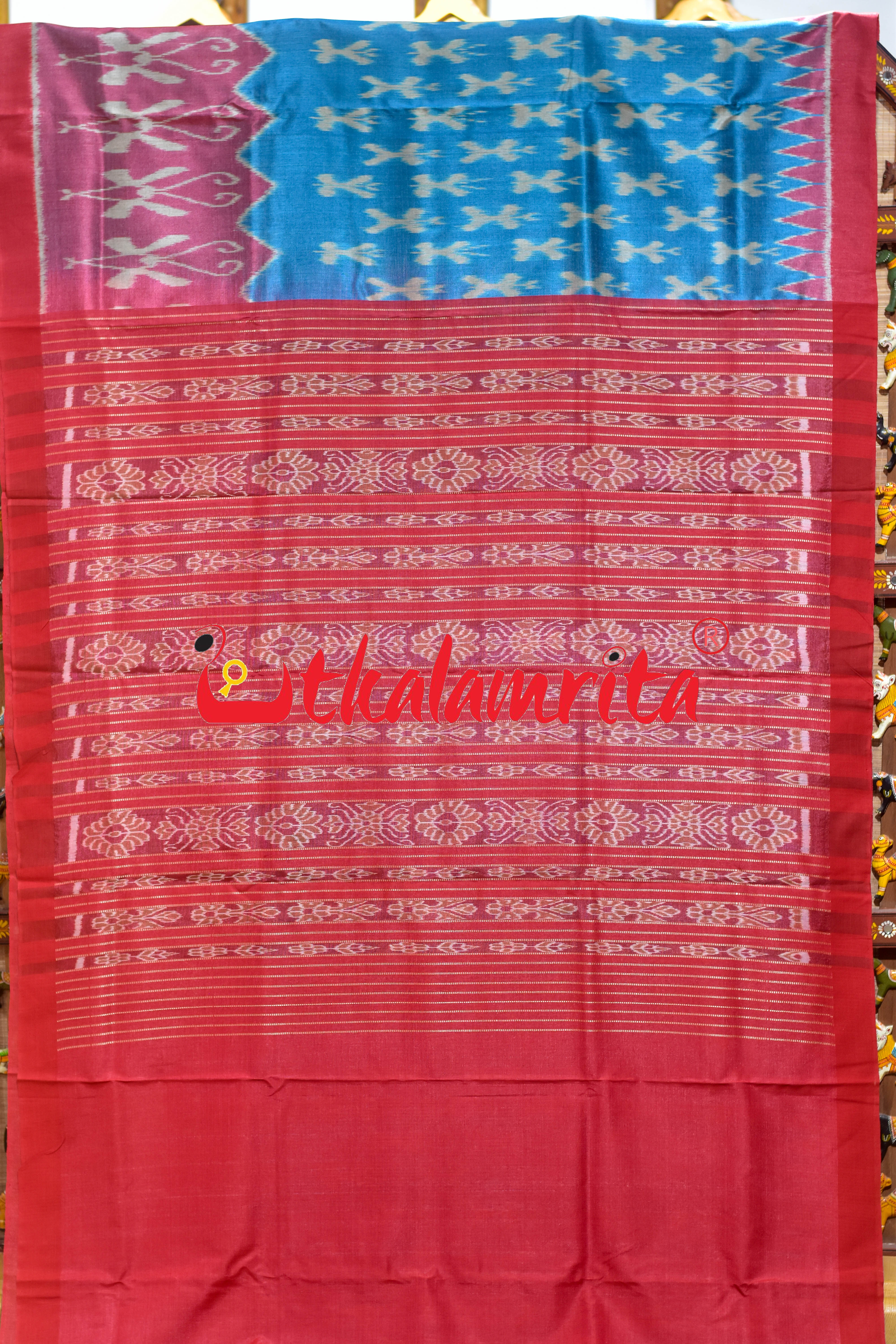 Baby Blue Red Butterfly Border Body Ikat Gopalpur Tussar Silk Saree