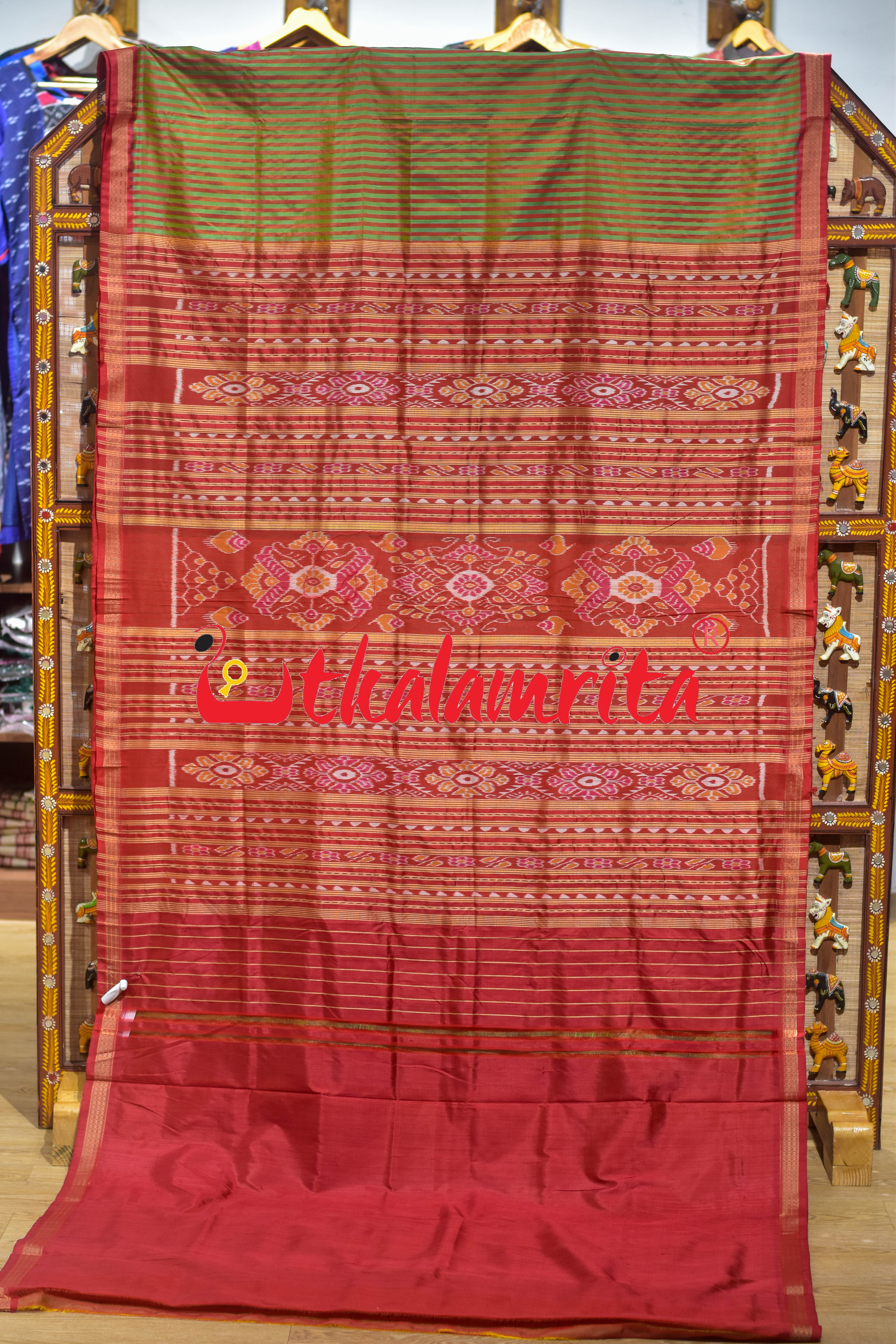 Green Red Stripes Khandua Silk Saree