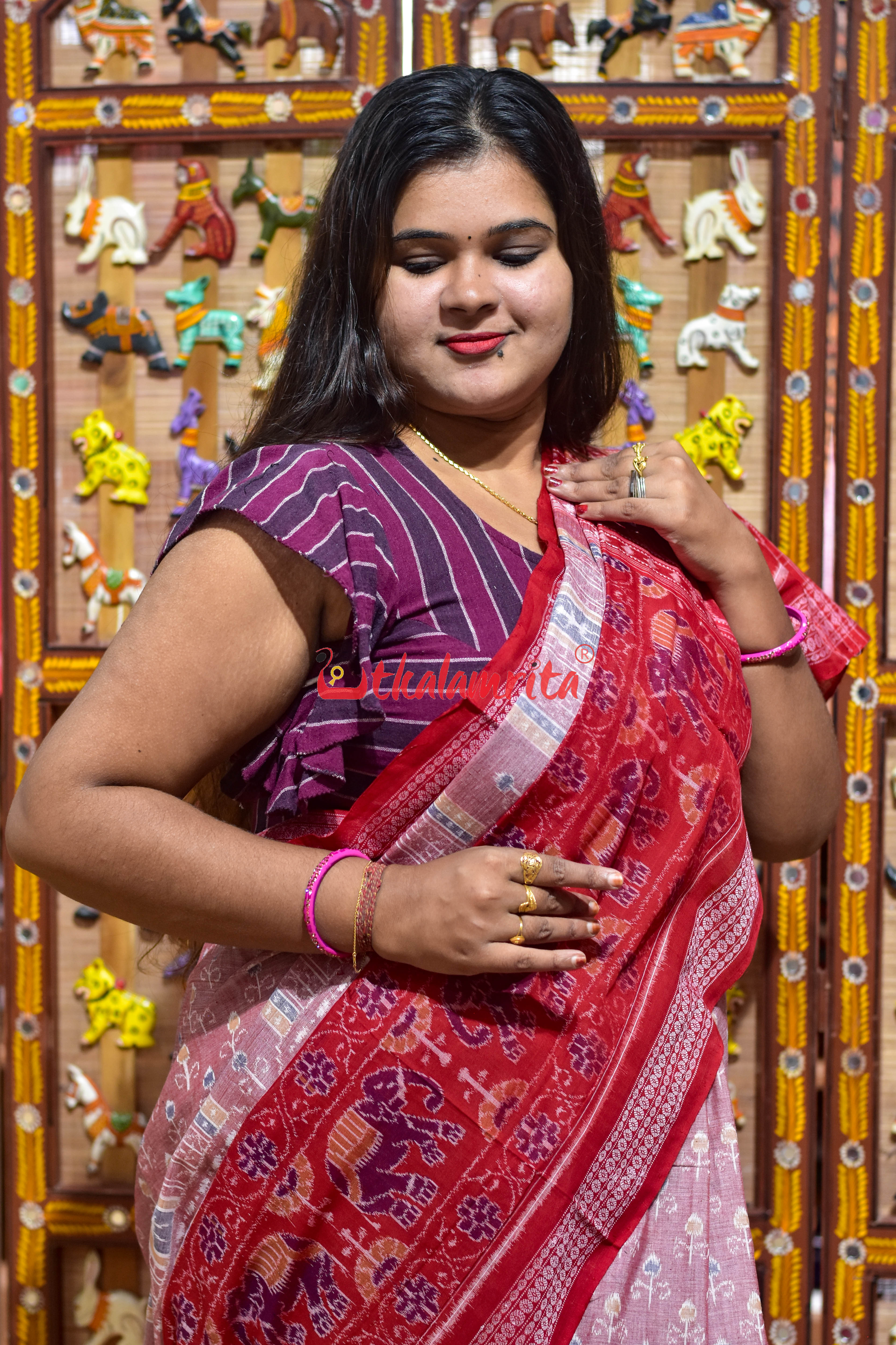 Pink Konark with Elephant Border Sambalpuri Cotton Saree