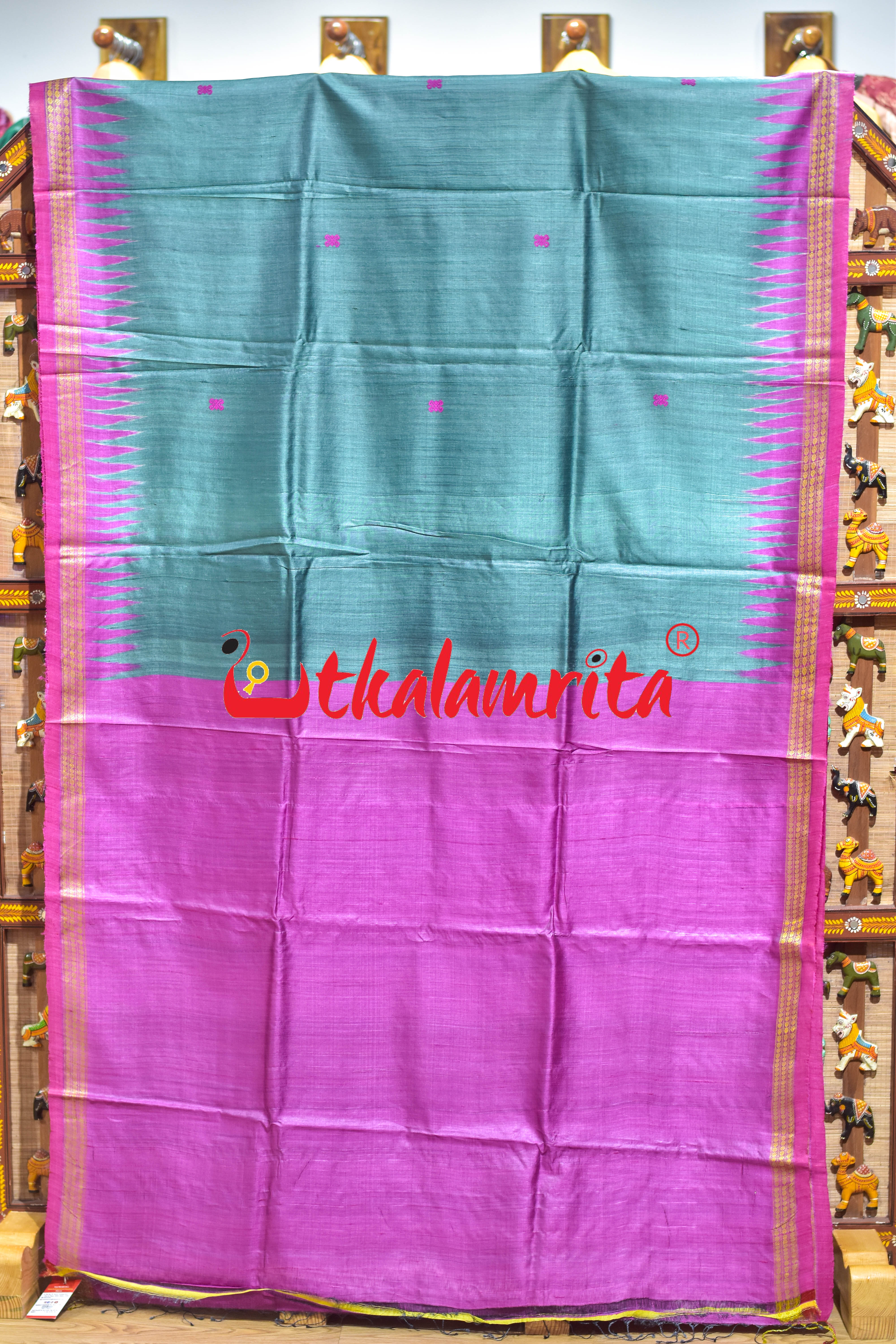 Smoky Green with Pink Dhadi Gopalpur Tussar Silk Saree
