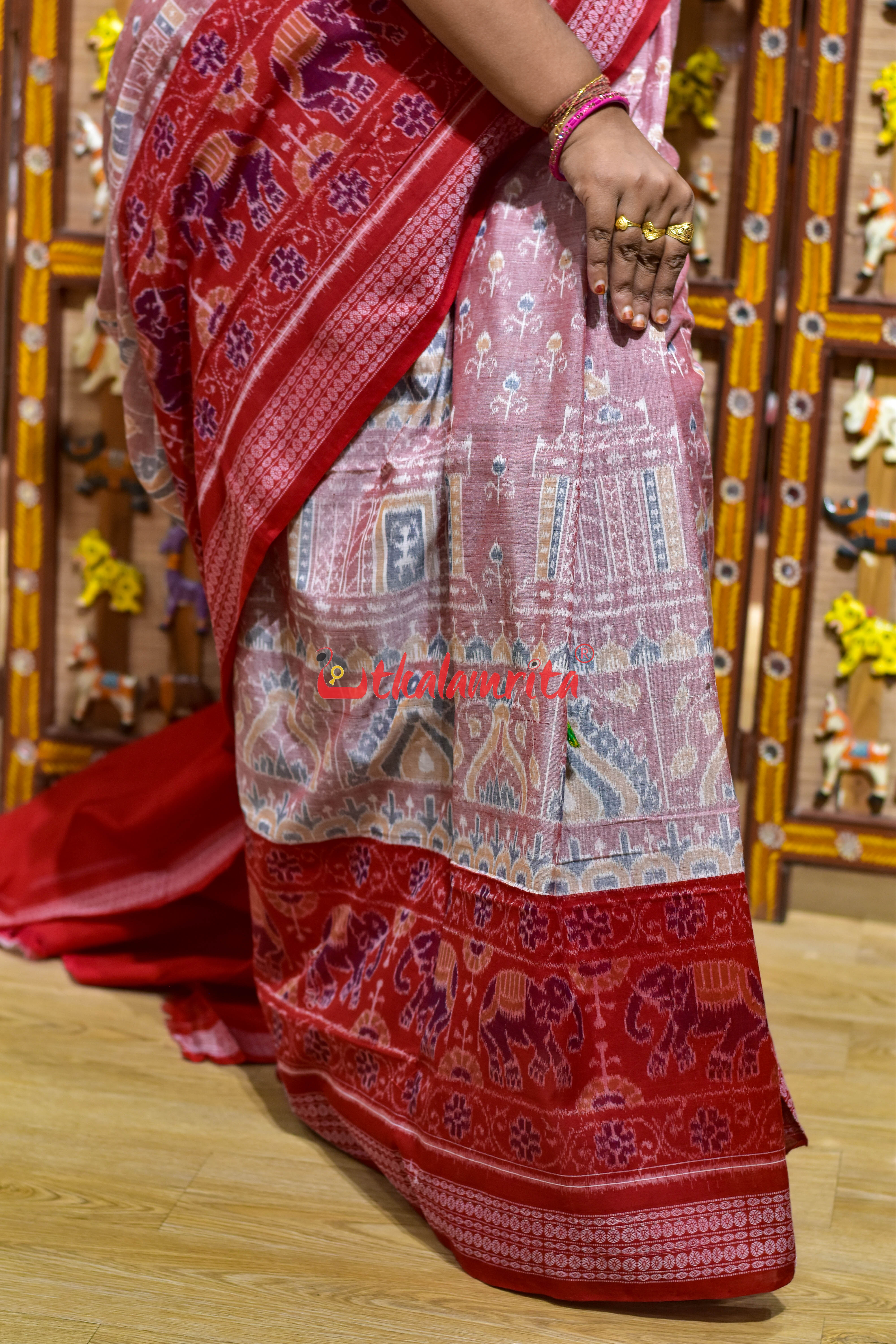 Pink Konark with Elephant Border Sambalpuri Cotton Saree