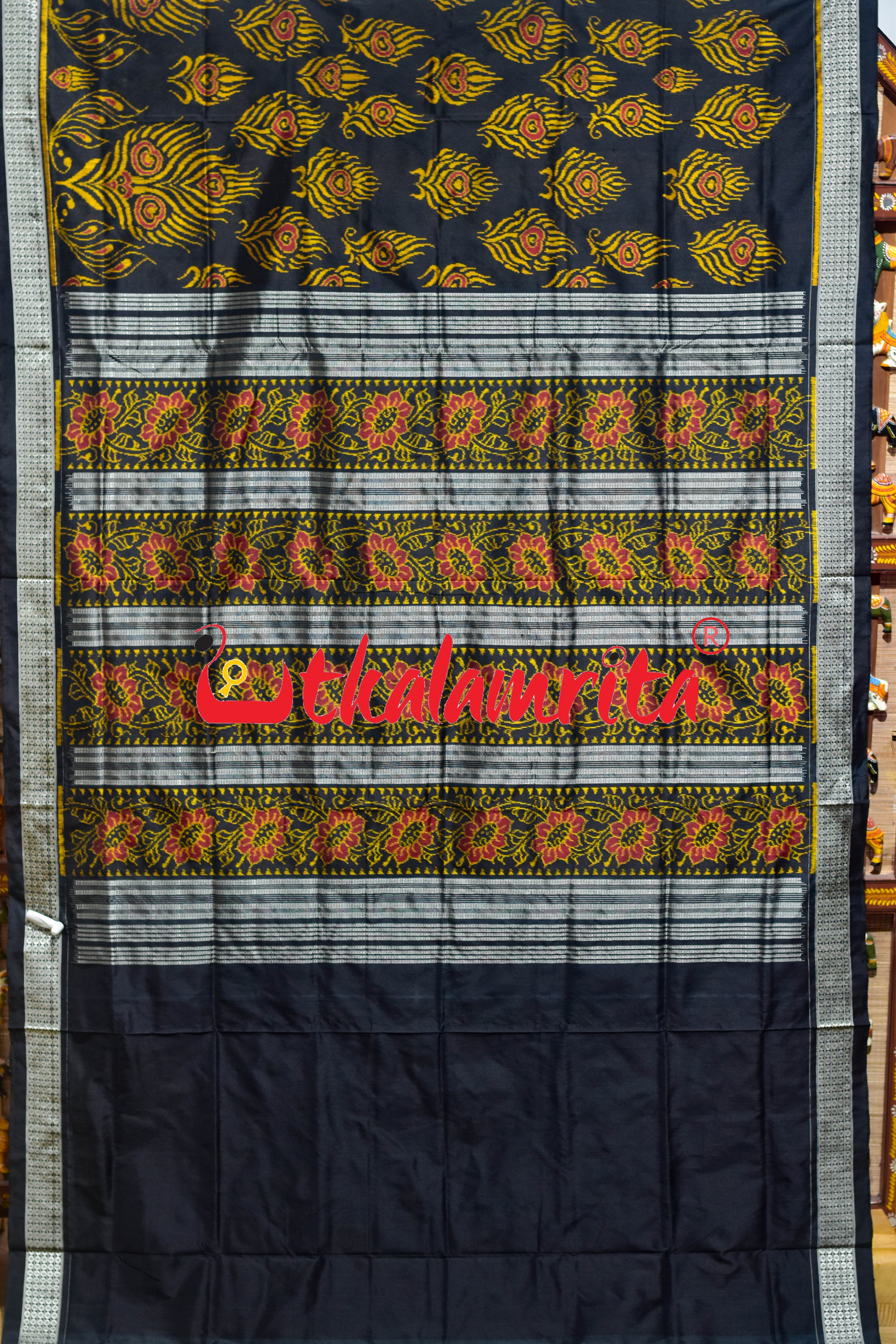 Black Golden Mayurapucha Sambalpuri Silk Saree