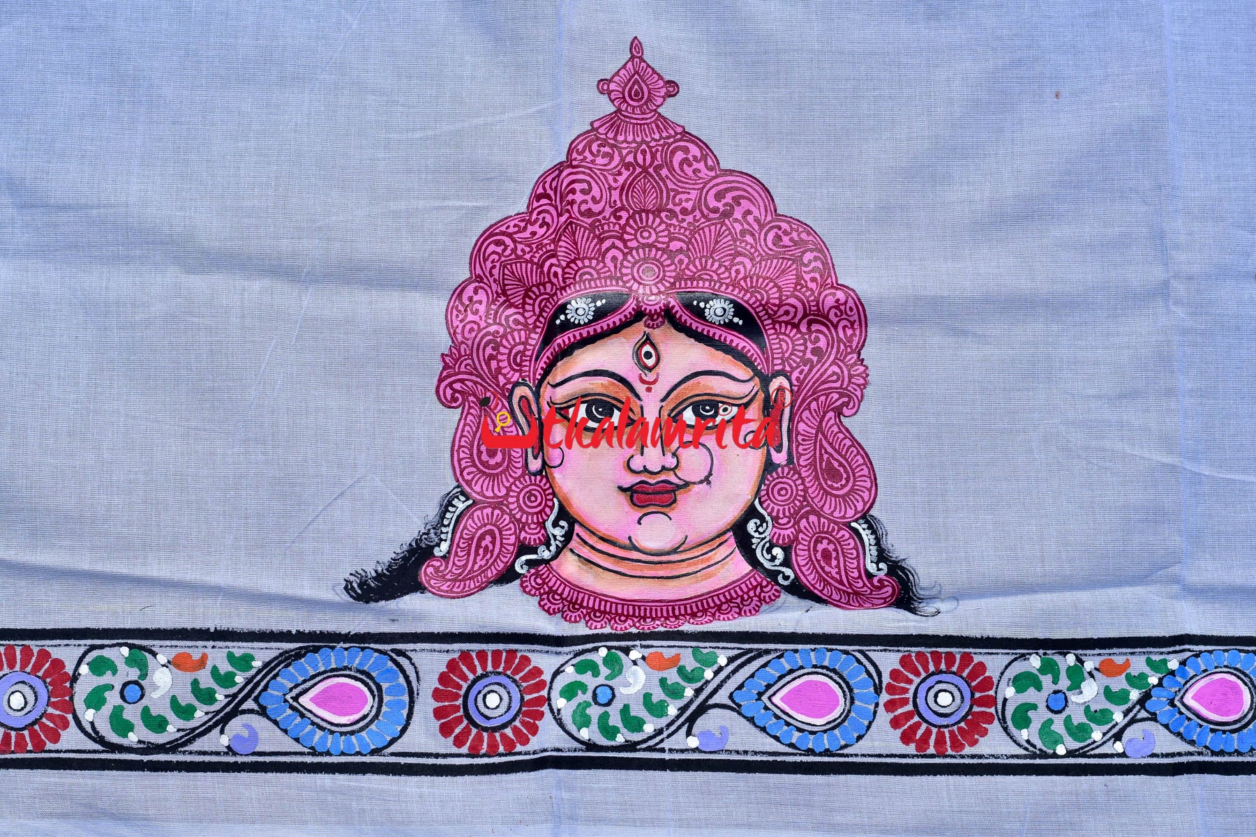 White Durga Pattachitra (Blouse Piece)