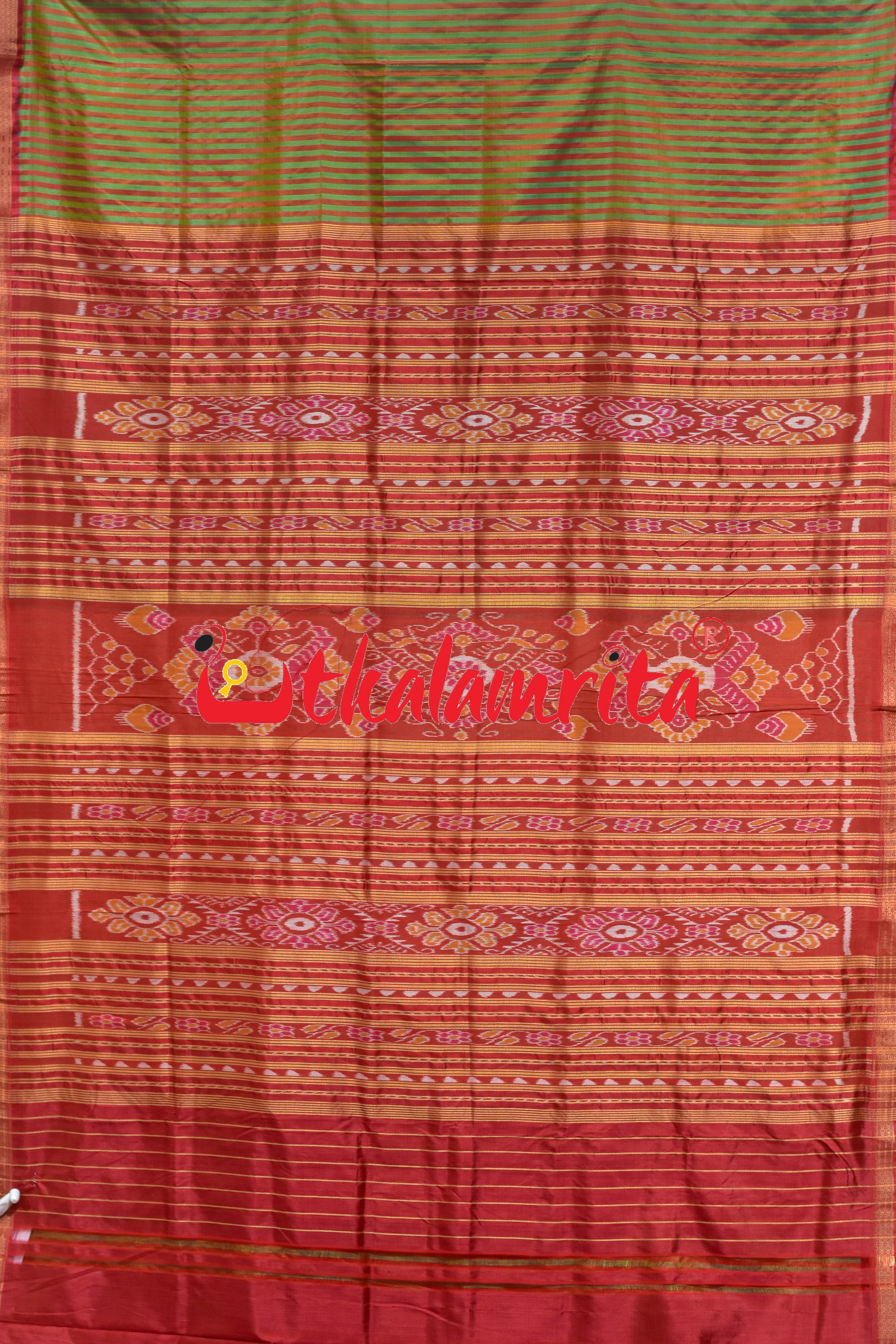 Green Red Stripes Khandua Silk Saree