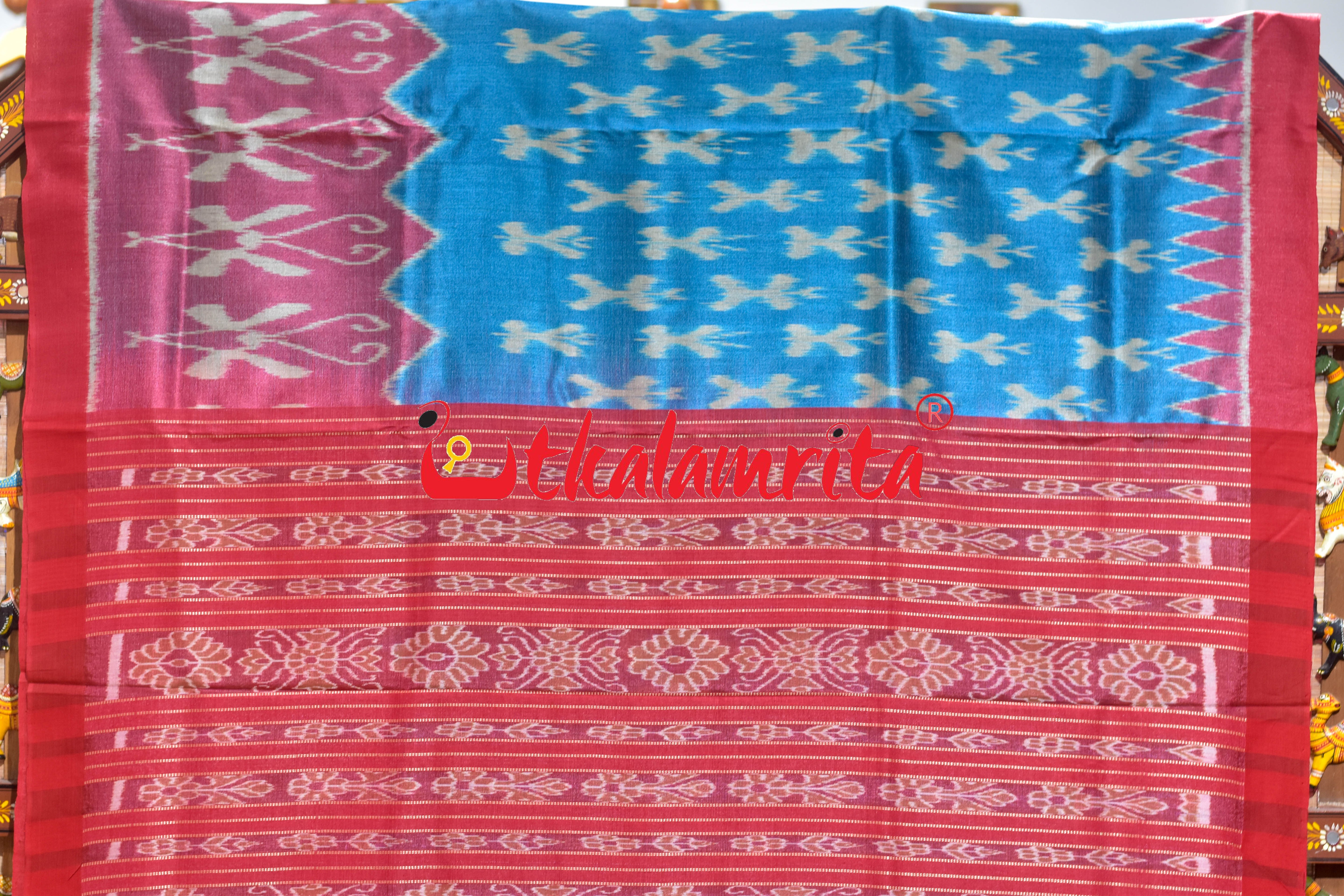 Baby Blue Red Butterfly Border Body Ikat Gopalpur Tussar Silk Saree