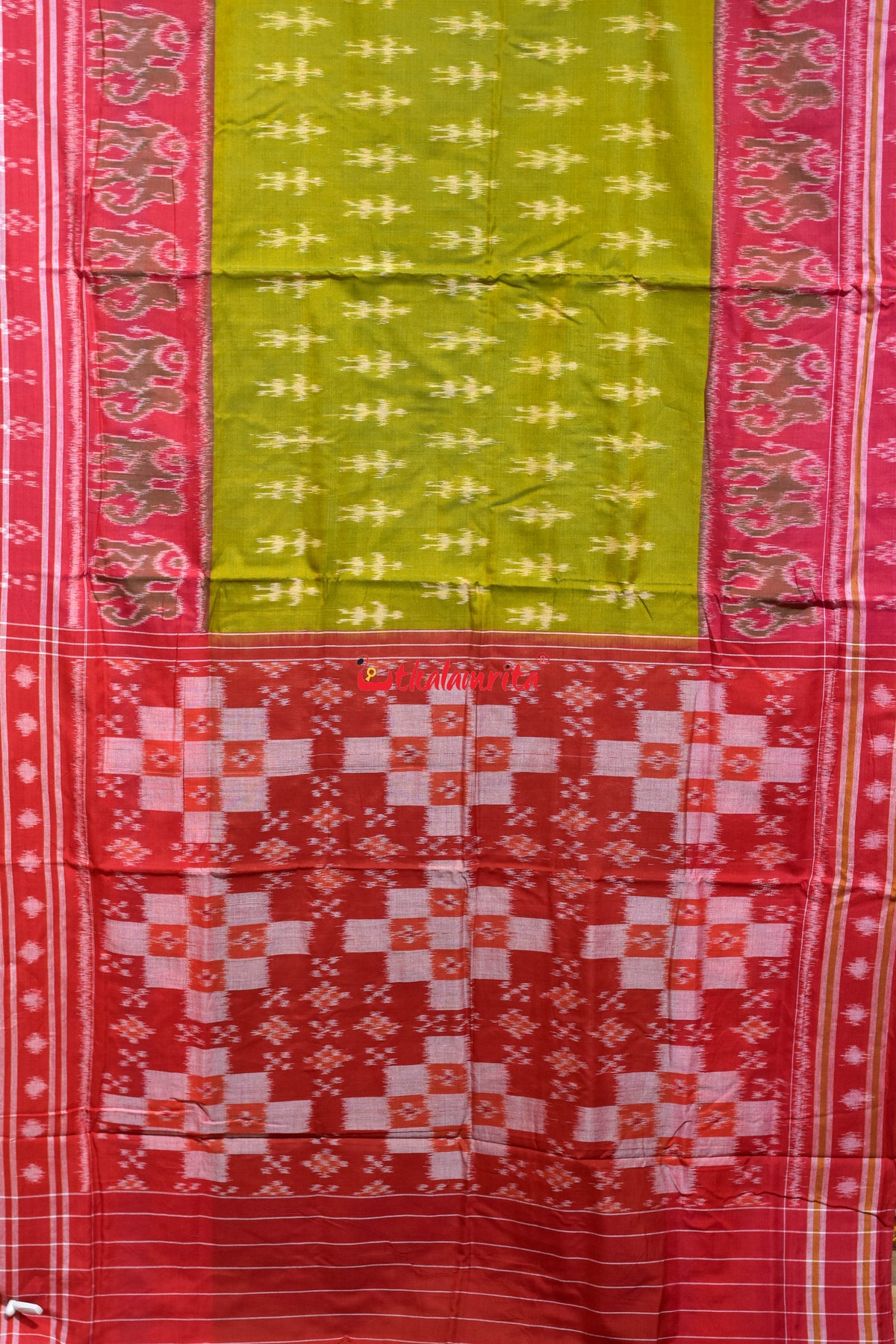 Mehendi Red Tribal Hathi Khandua Cotton Saree