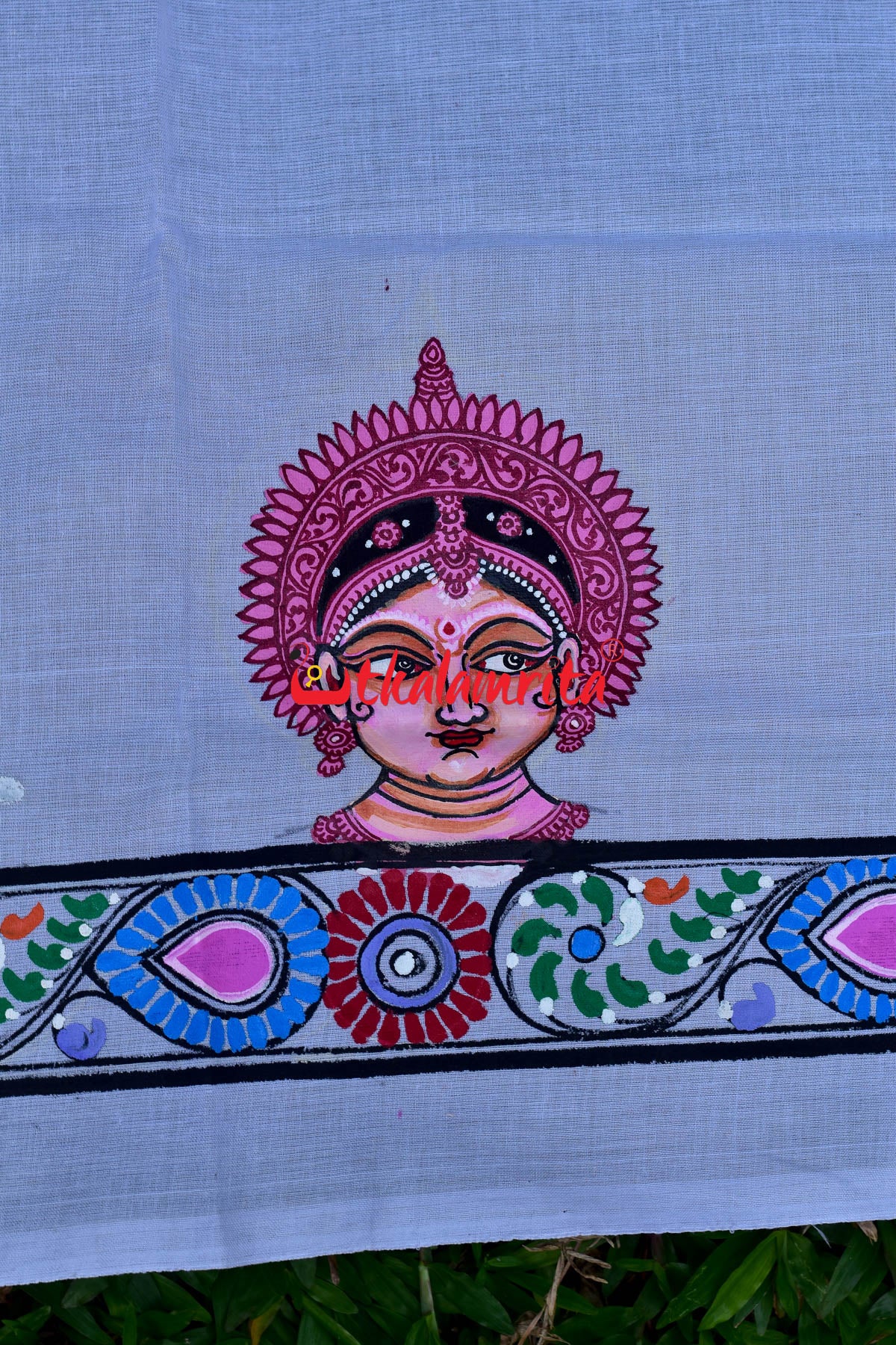 White Durga Pattachitra (Blouse Piece)