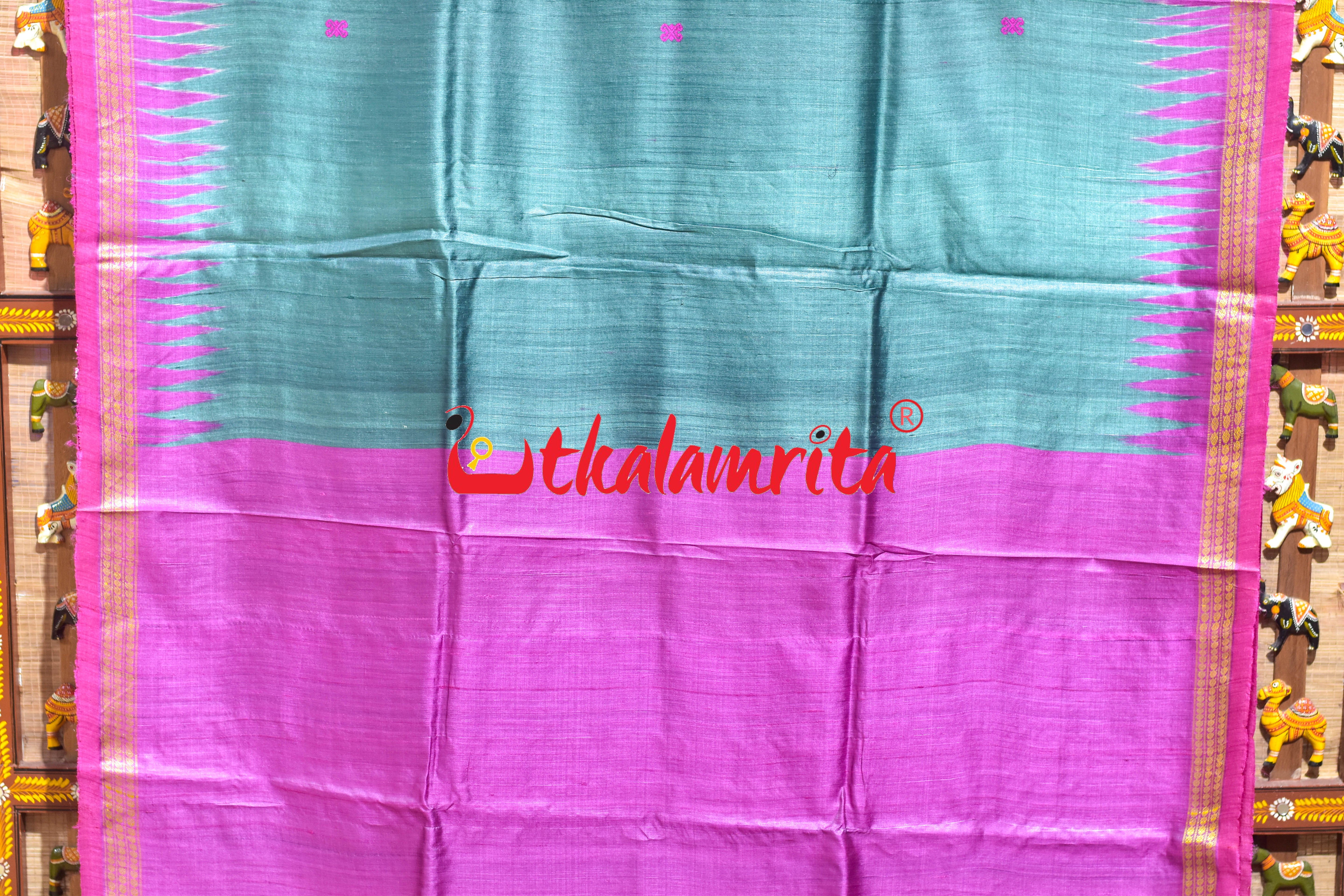 Smoky Green with Pink Dhadi Gopalpur Tussar Silk Saree