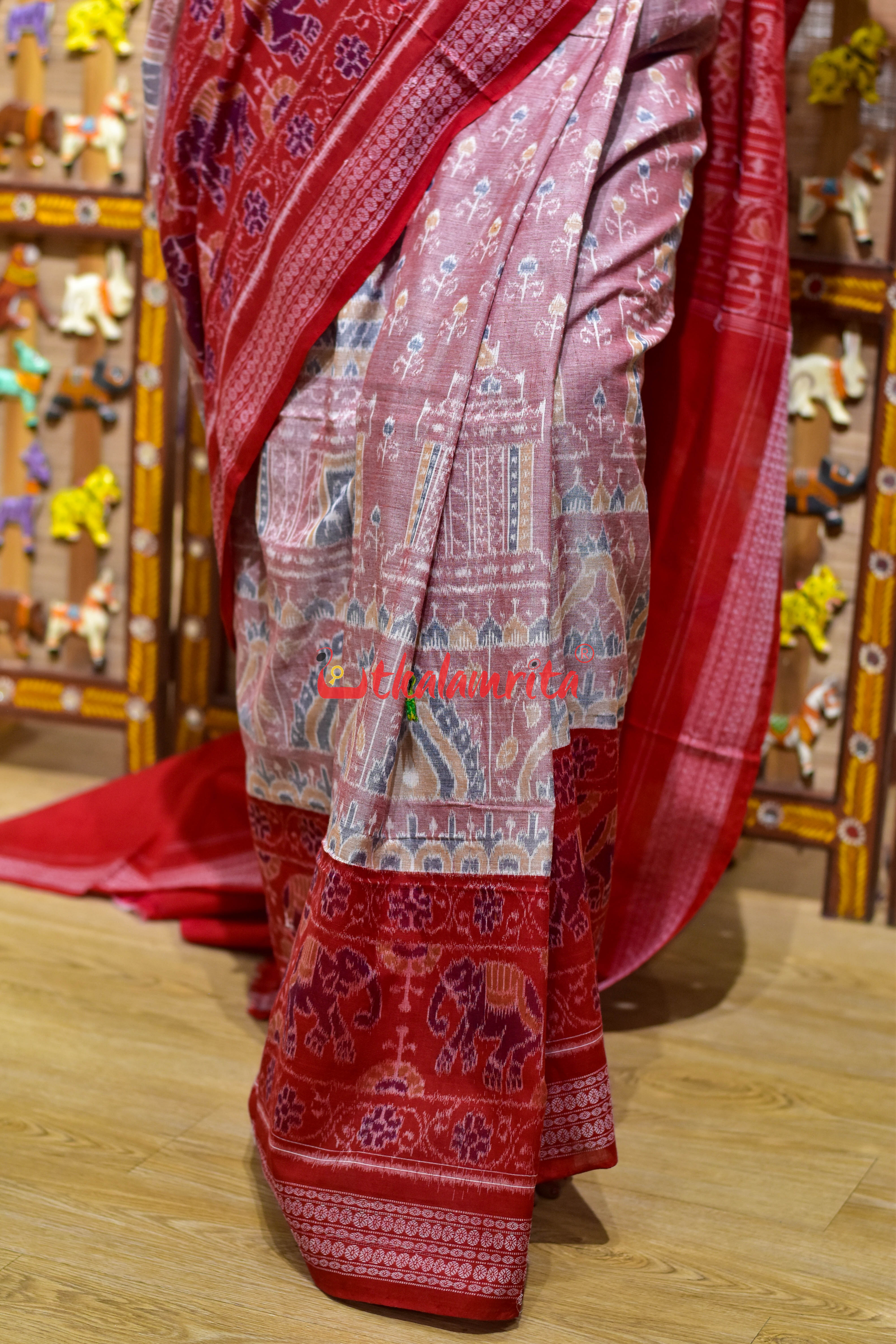 Pink Konark with Elephant Border Sambalpuri Cotton Saree