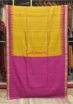 Mustard Pink Fish Border Jaala Anchal Tussar Saree