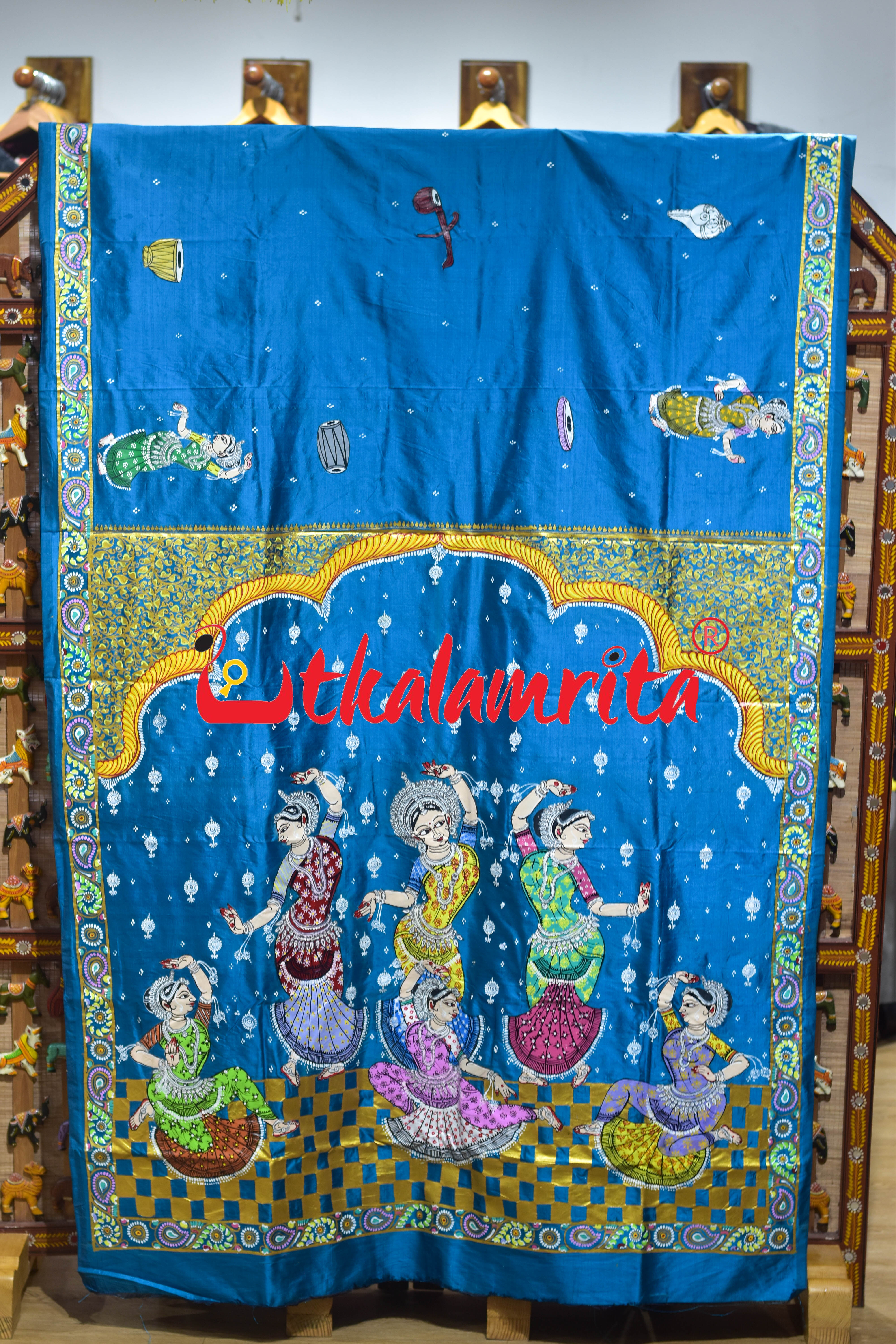Copper Sulphate Plain Odissi Dancers Pattachitra Silk Saree