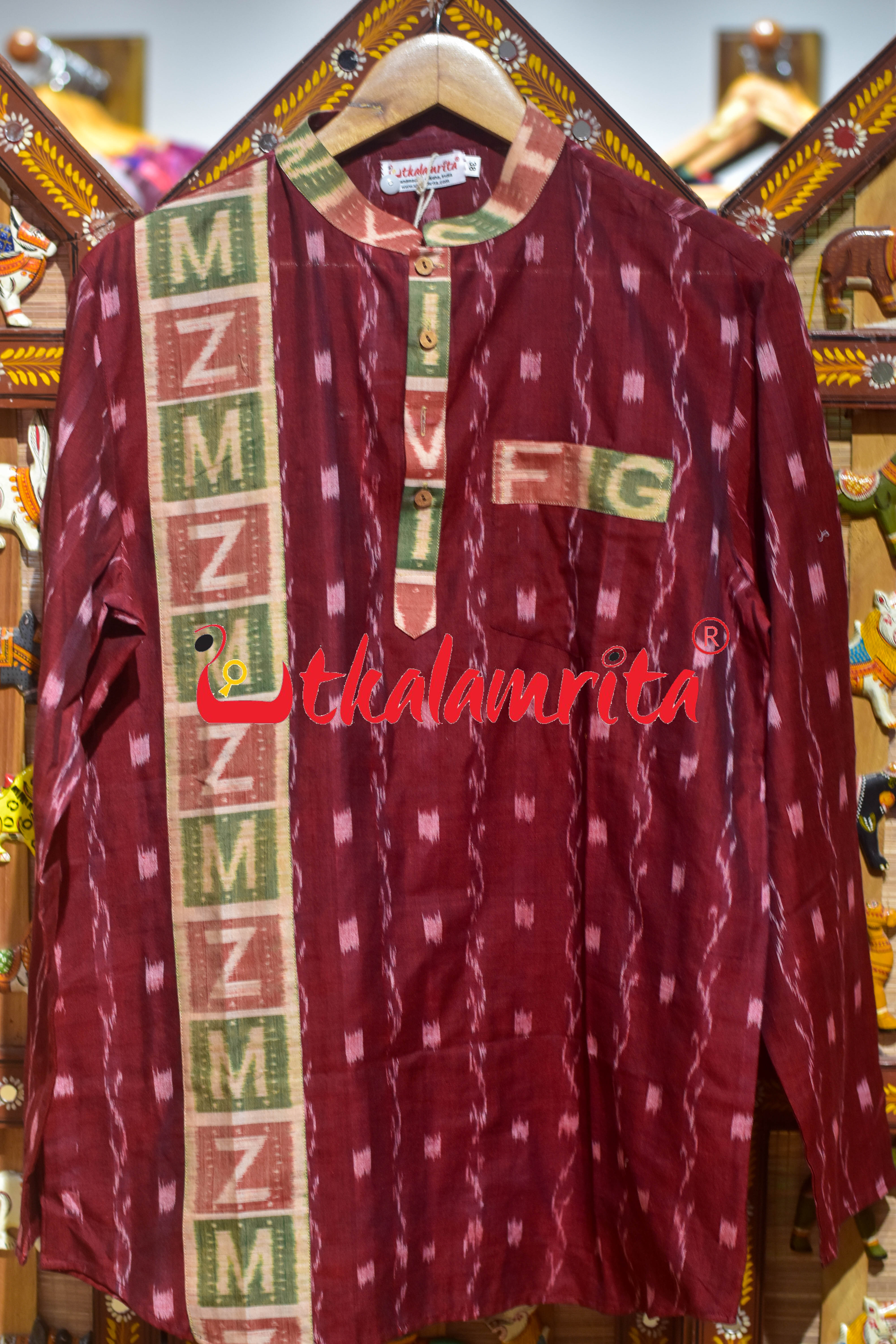 Maroon Tipa Lahari English Letters (Men's Short Kurta)