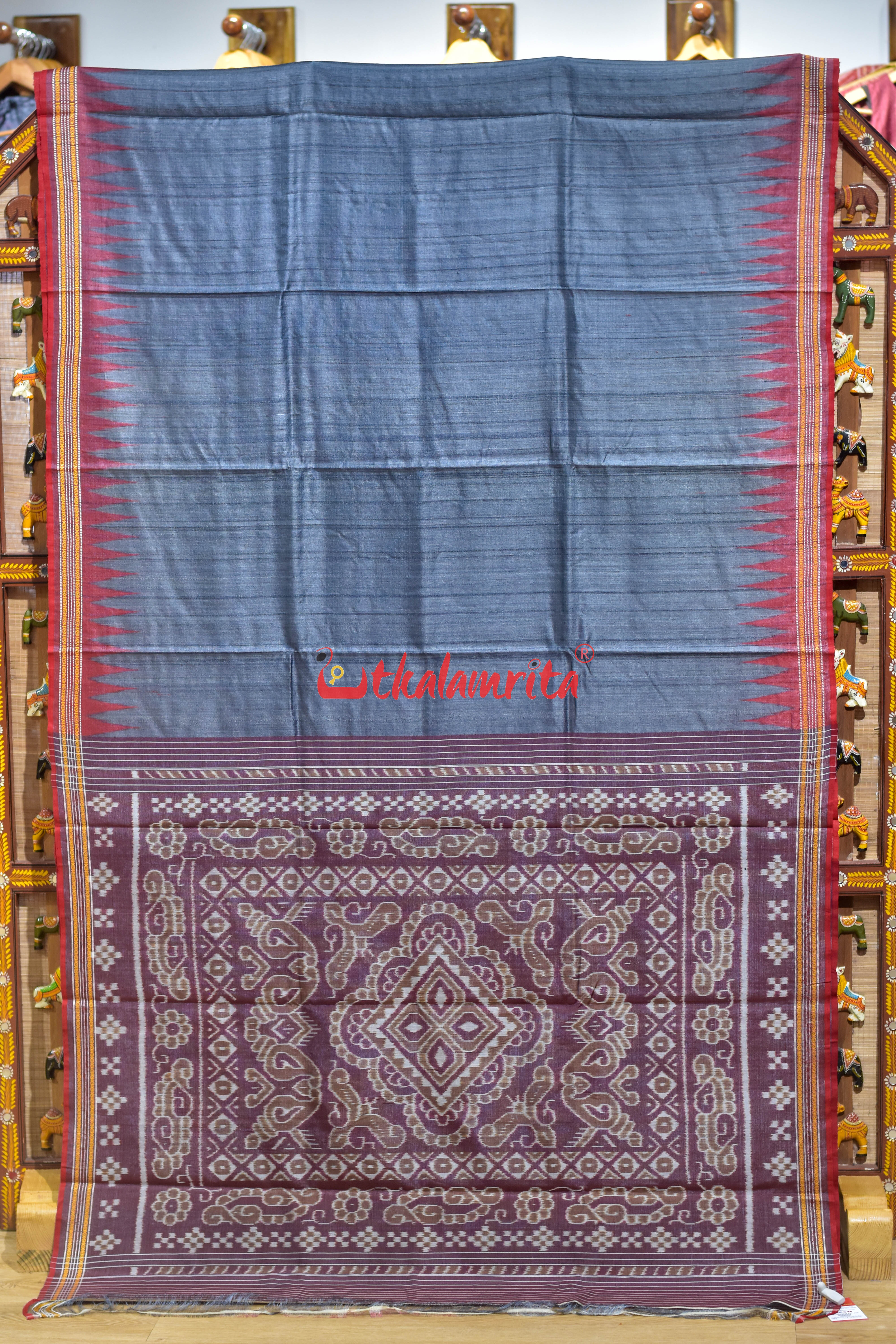 Grey Red Doby Border Gopalpur Tussar Silk Saree