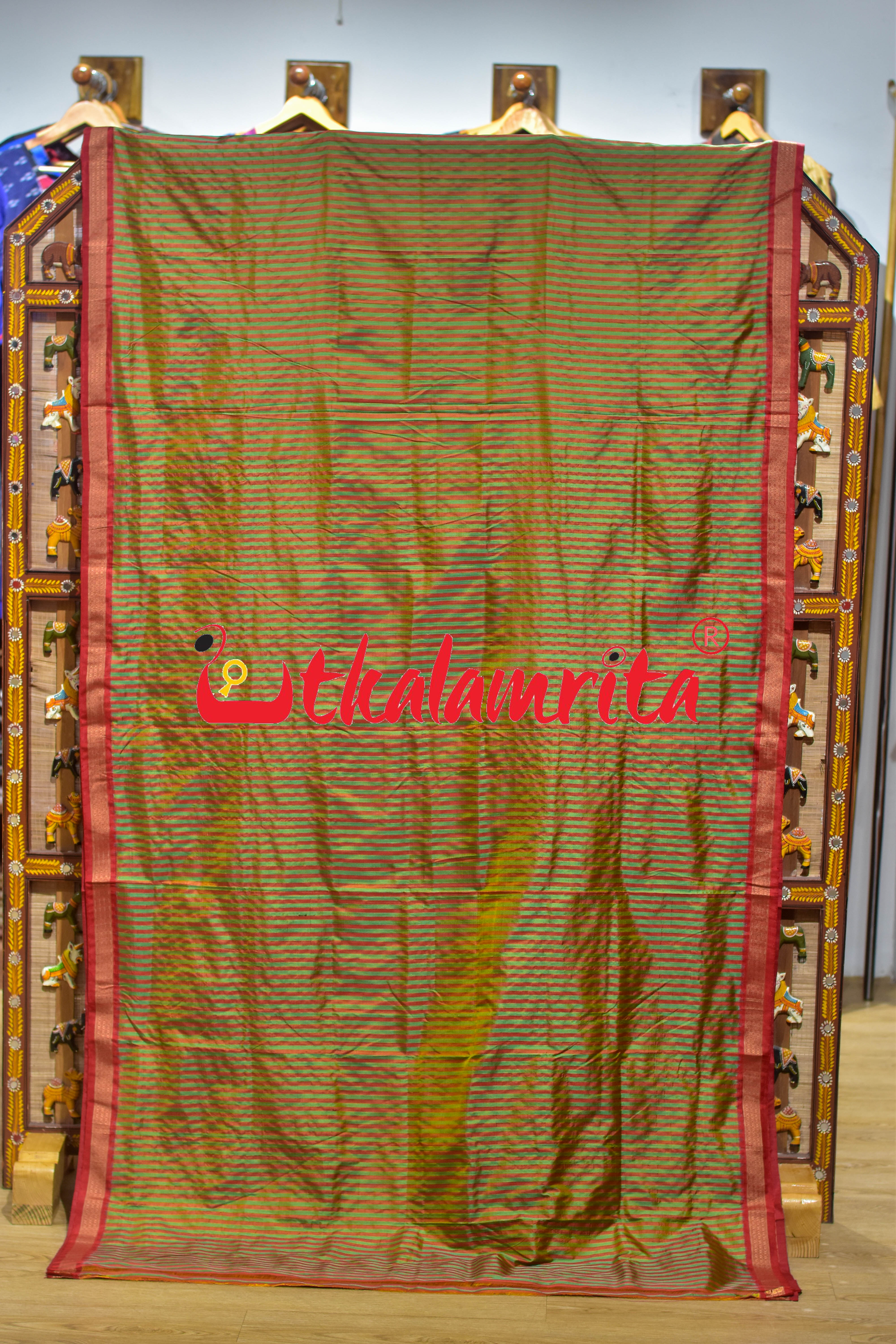 Green Red Stripes Khandua Silk Saree