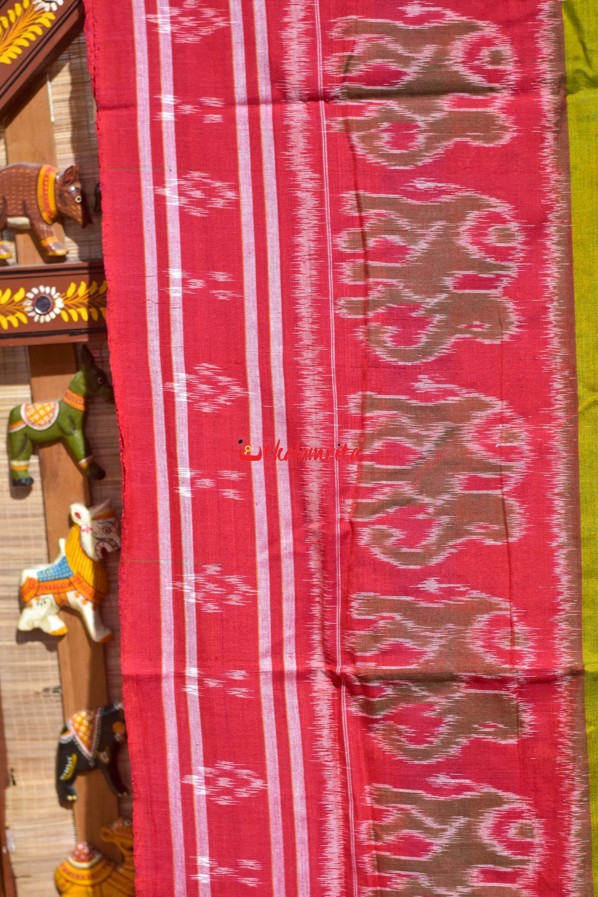Mehendi Red Tribal Hathi Khandua Cotton Saree