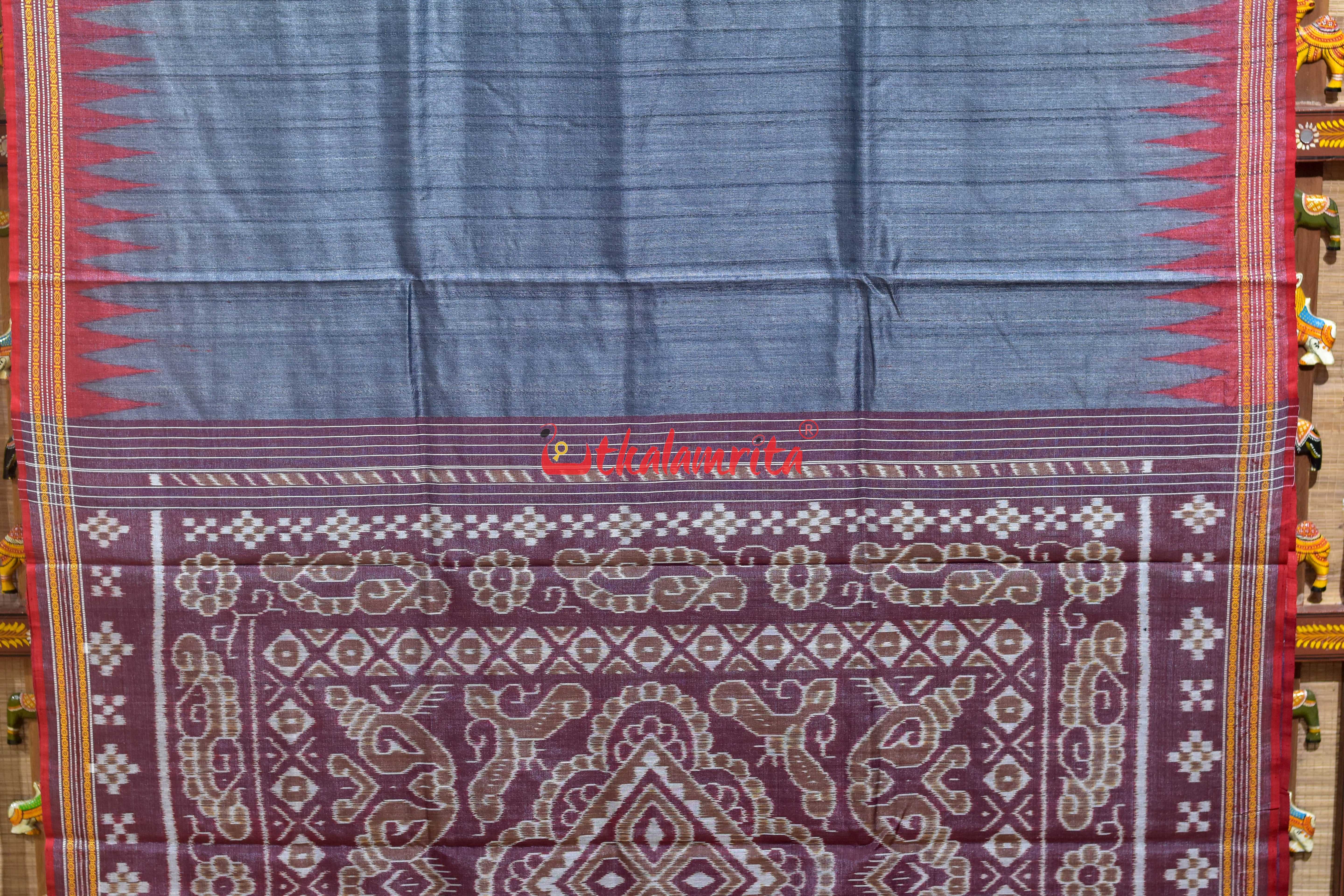 Grey Red Doby Border Gopalpur Tussar Silk Saree