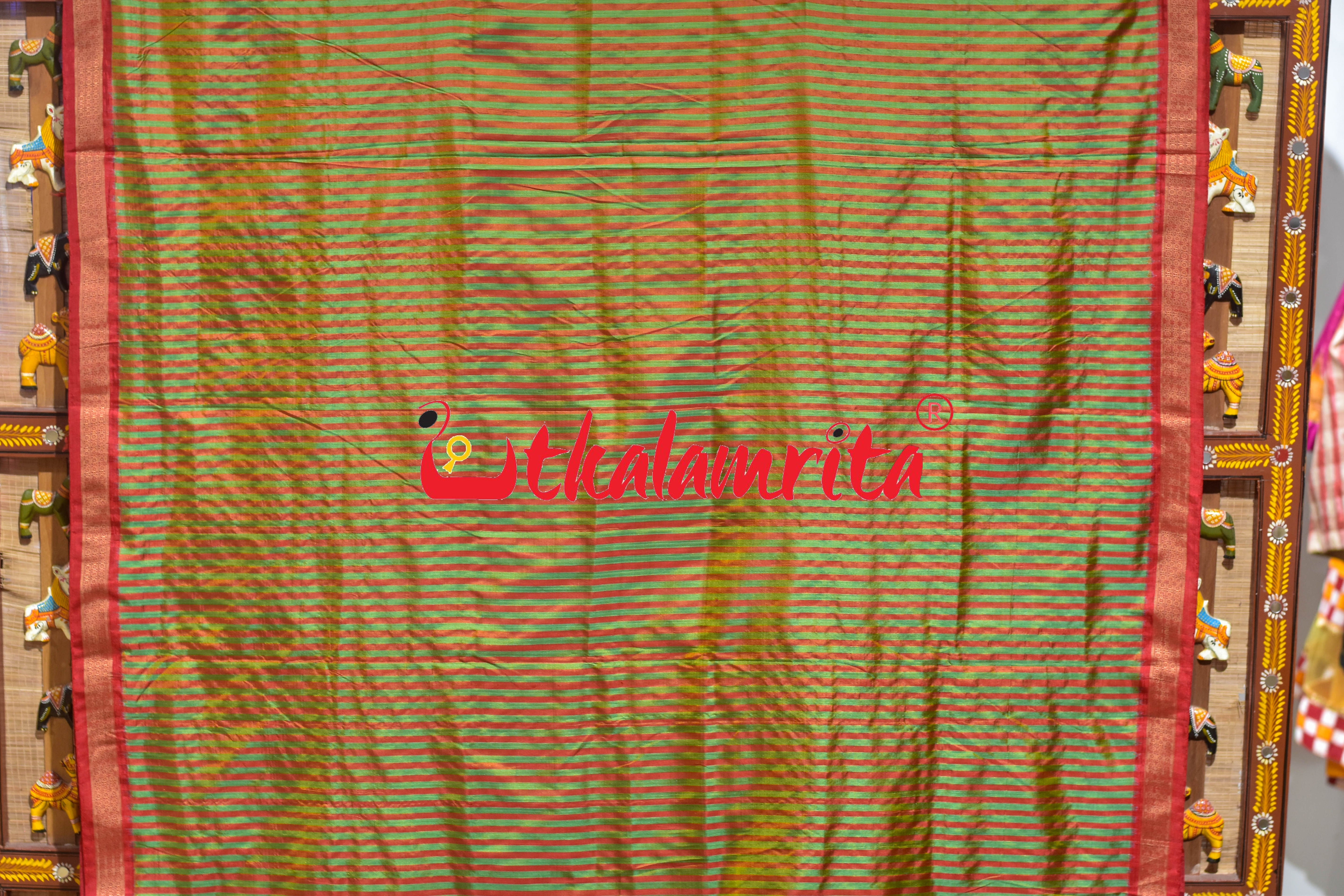 Green Red Stripes Khandua Silk Saree