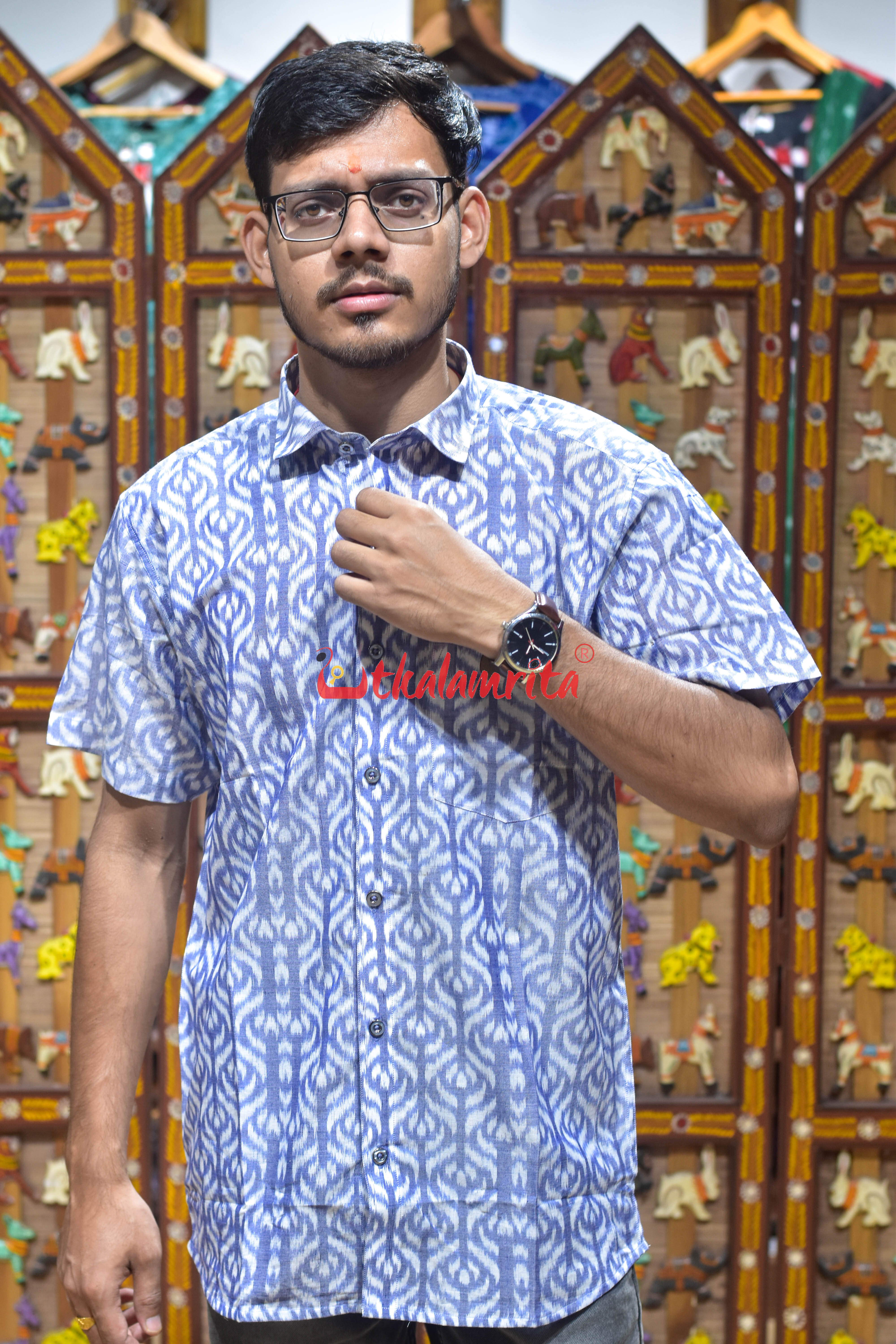 White Blue with Flowers (Men's Half Shirt)