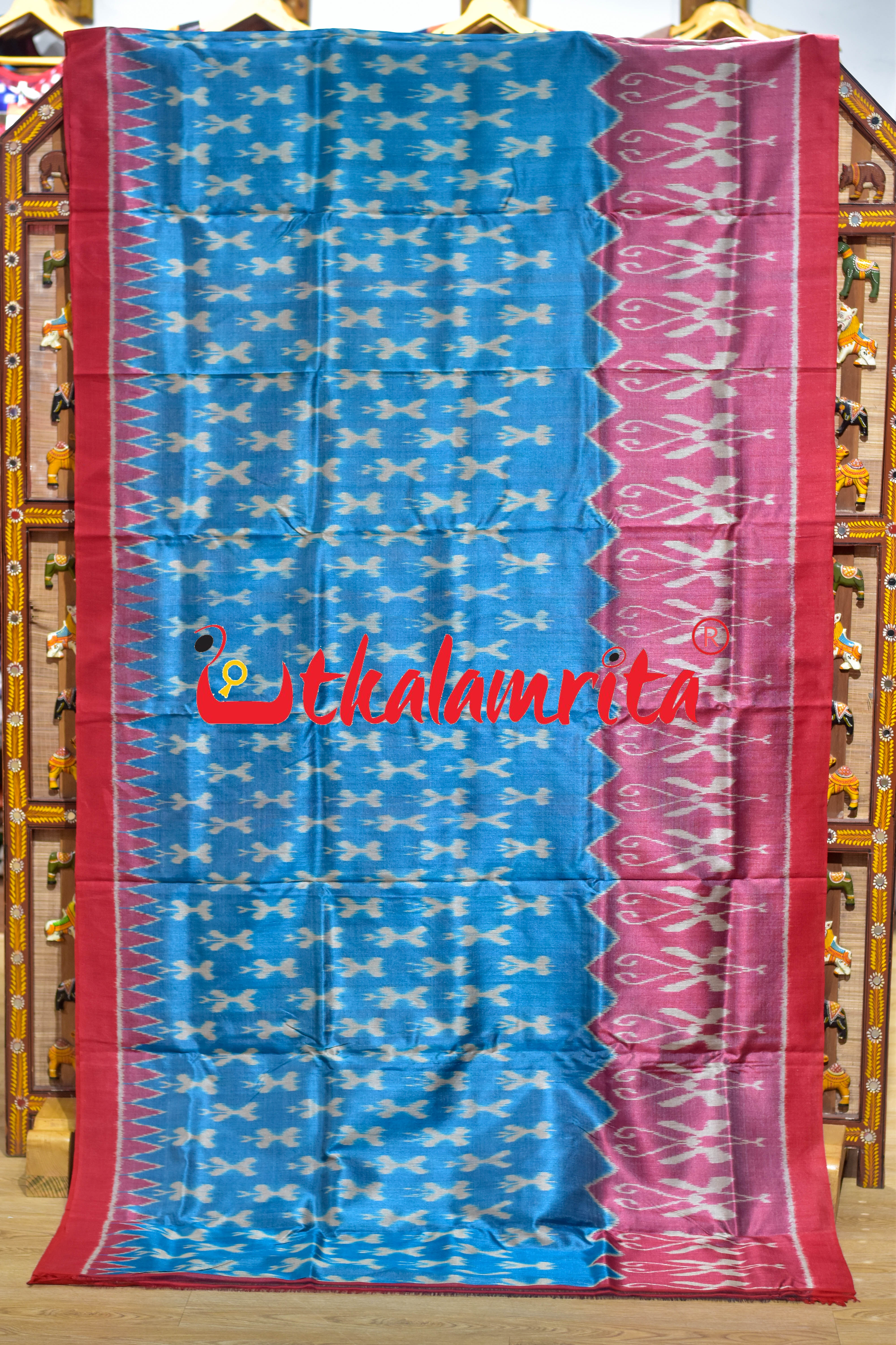 Baby Blue Red Butterfly Border Body Ikat Gopalpur Tussar Silk Saree
