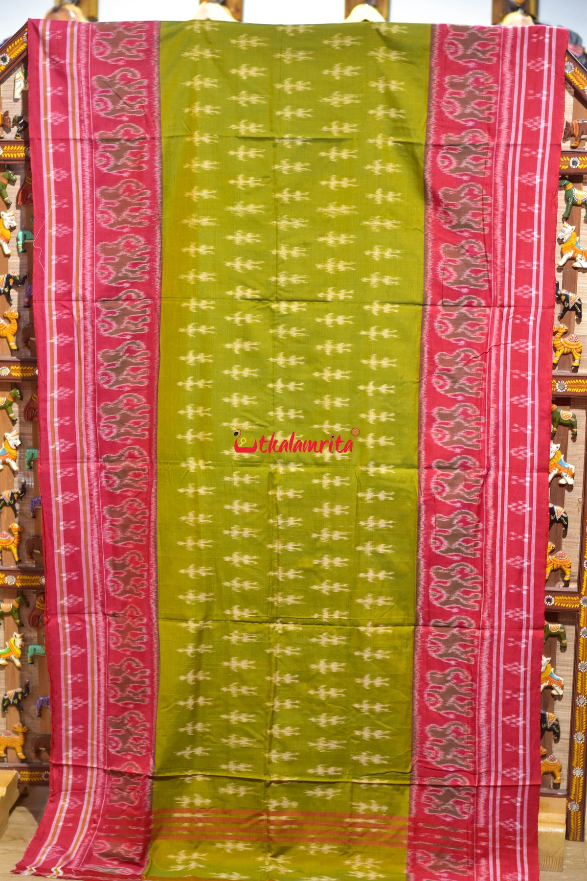 Mehendi Red Tribal Hathi Khandua Cotton Saree