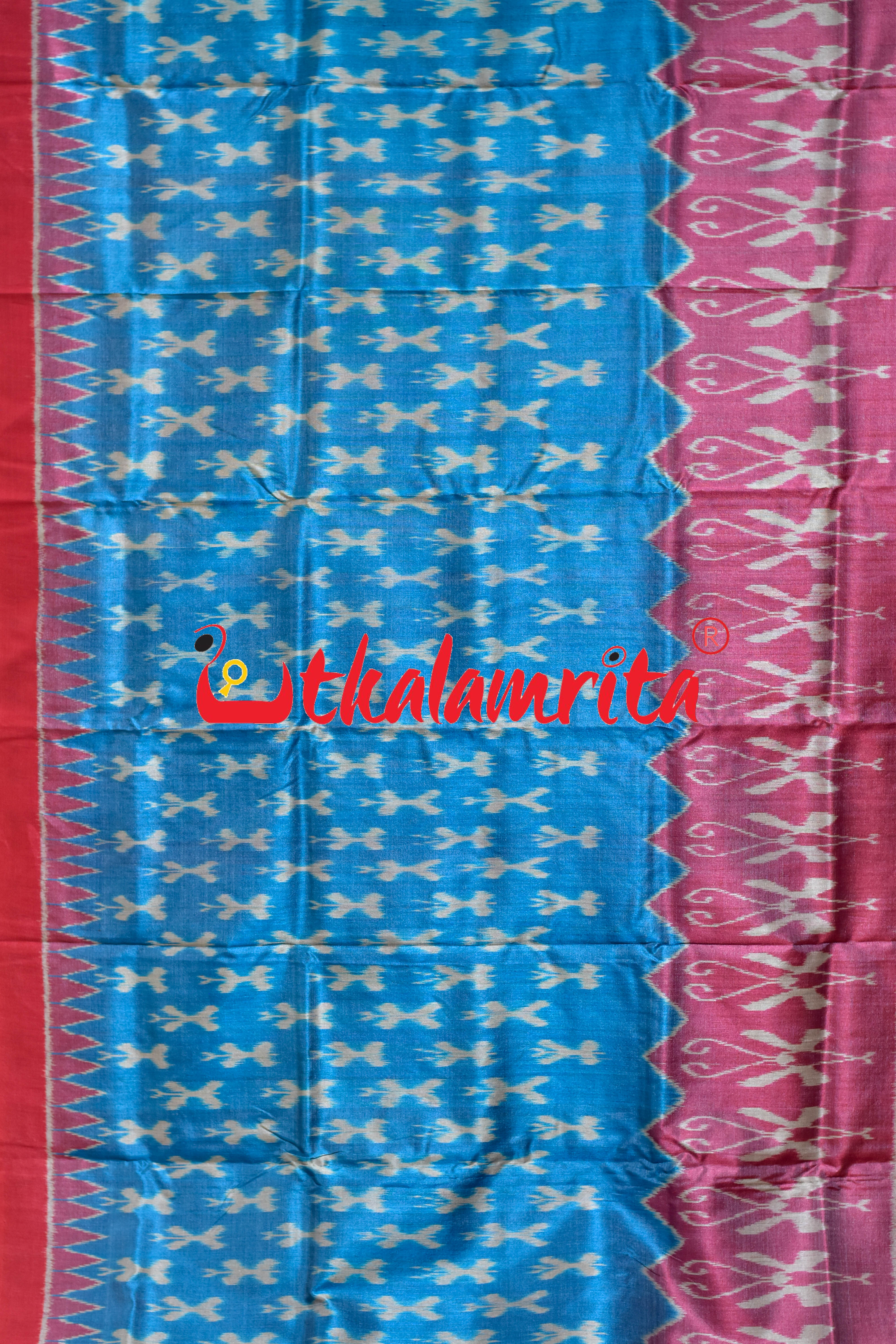 Baby Blue Red Butterfly Border Body Ikat Gopalpur Tussar Silk Saree