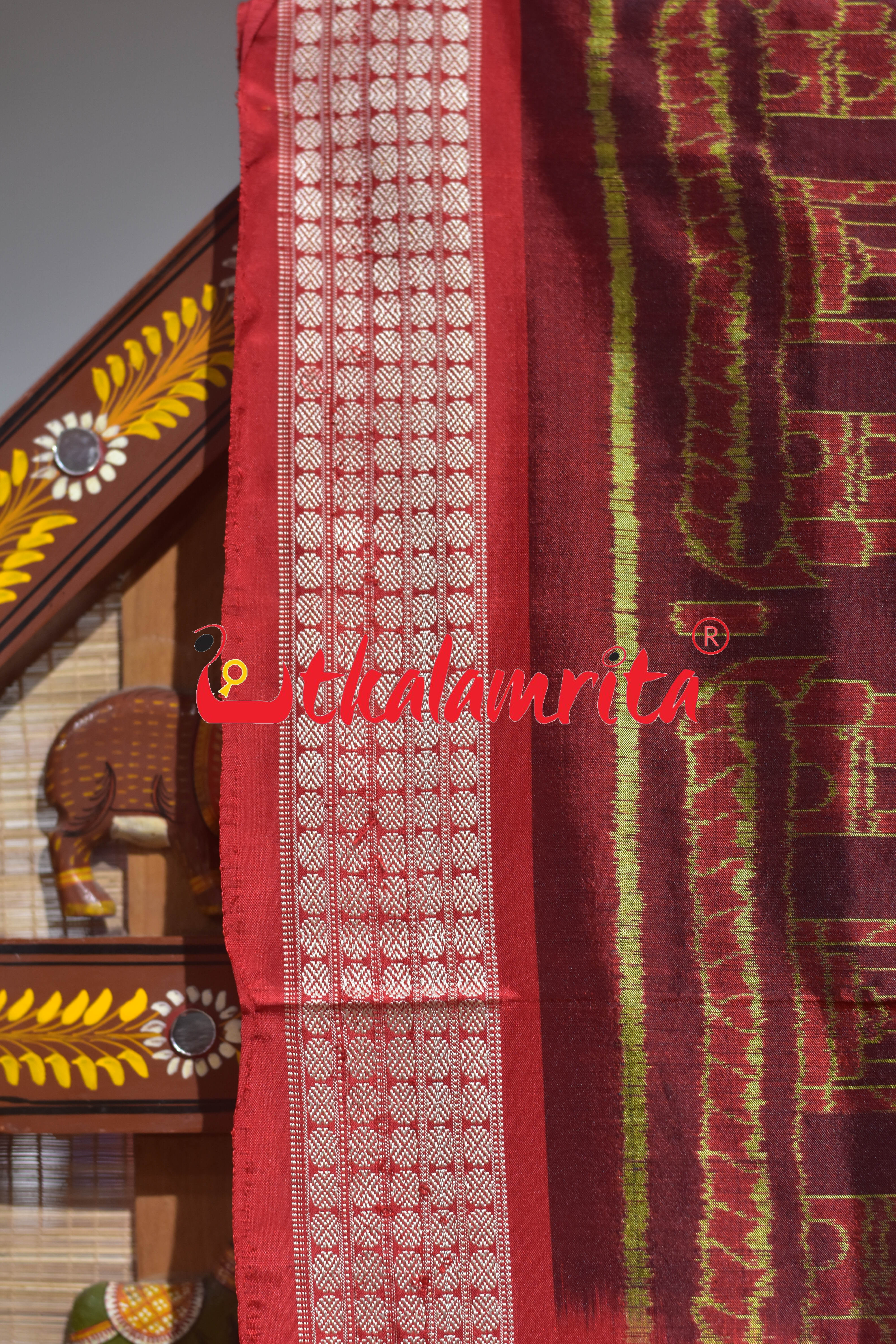 Coffee Red Konark Temple Sambalpuri Silk Saree