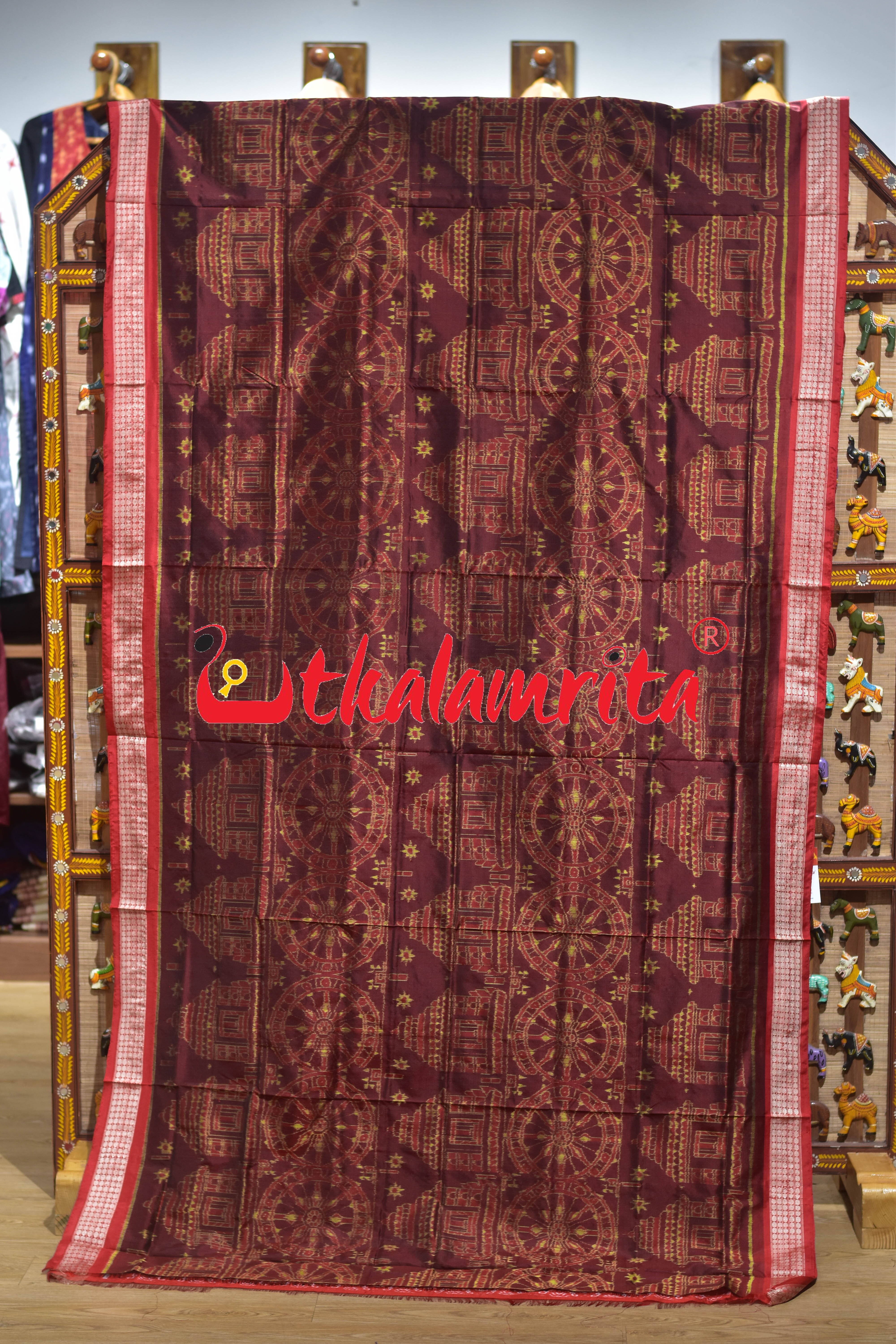 Coffee Red Konark Temple Sambalpuri Silk Saree