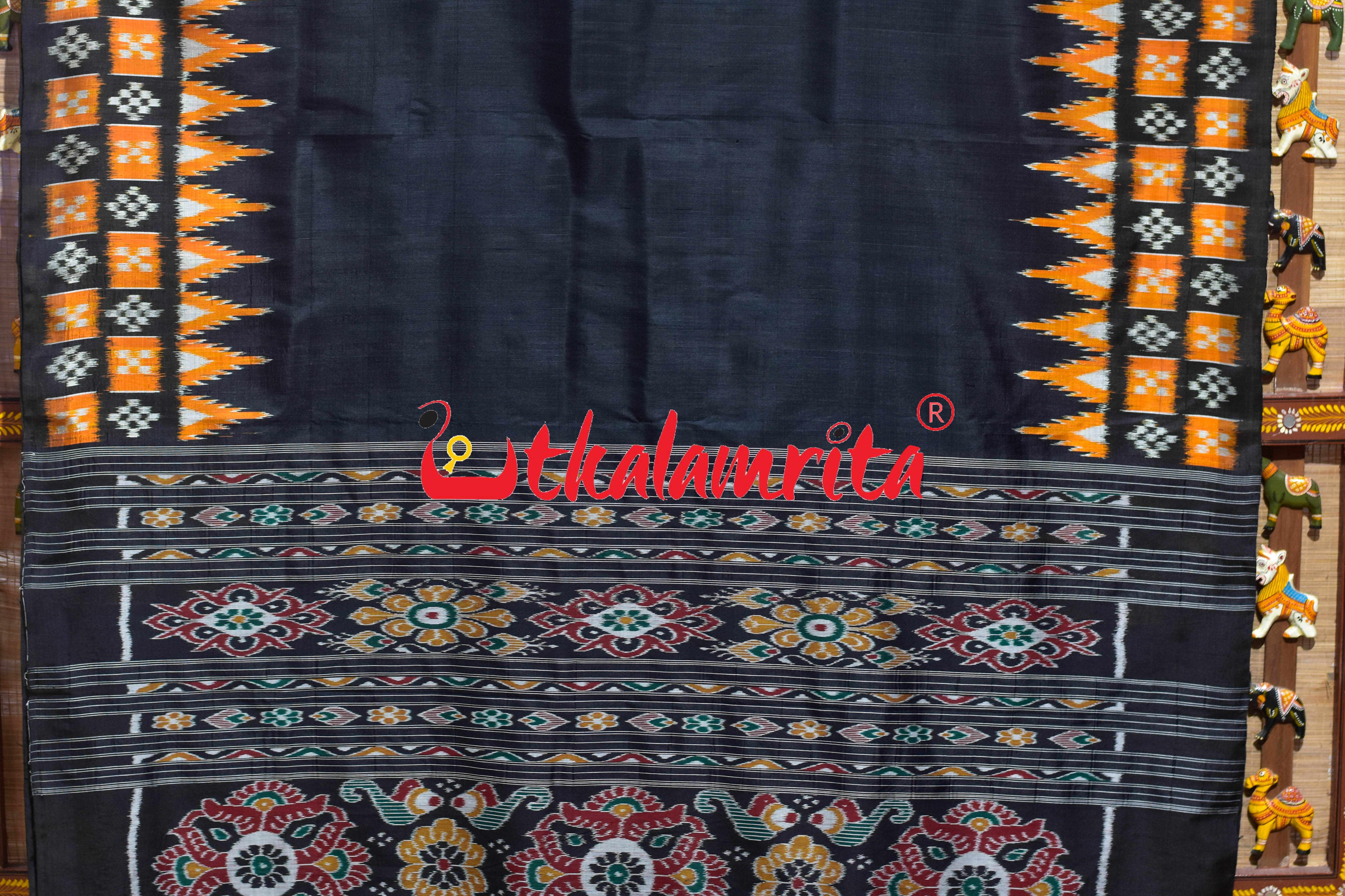 Black Orange Double Pasapali Border Scot Khandua Silk Saree