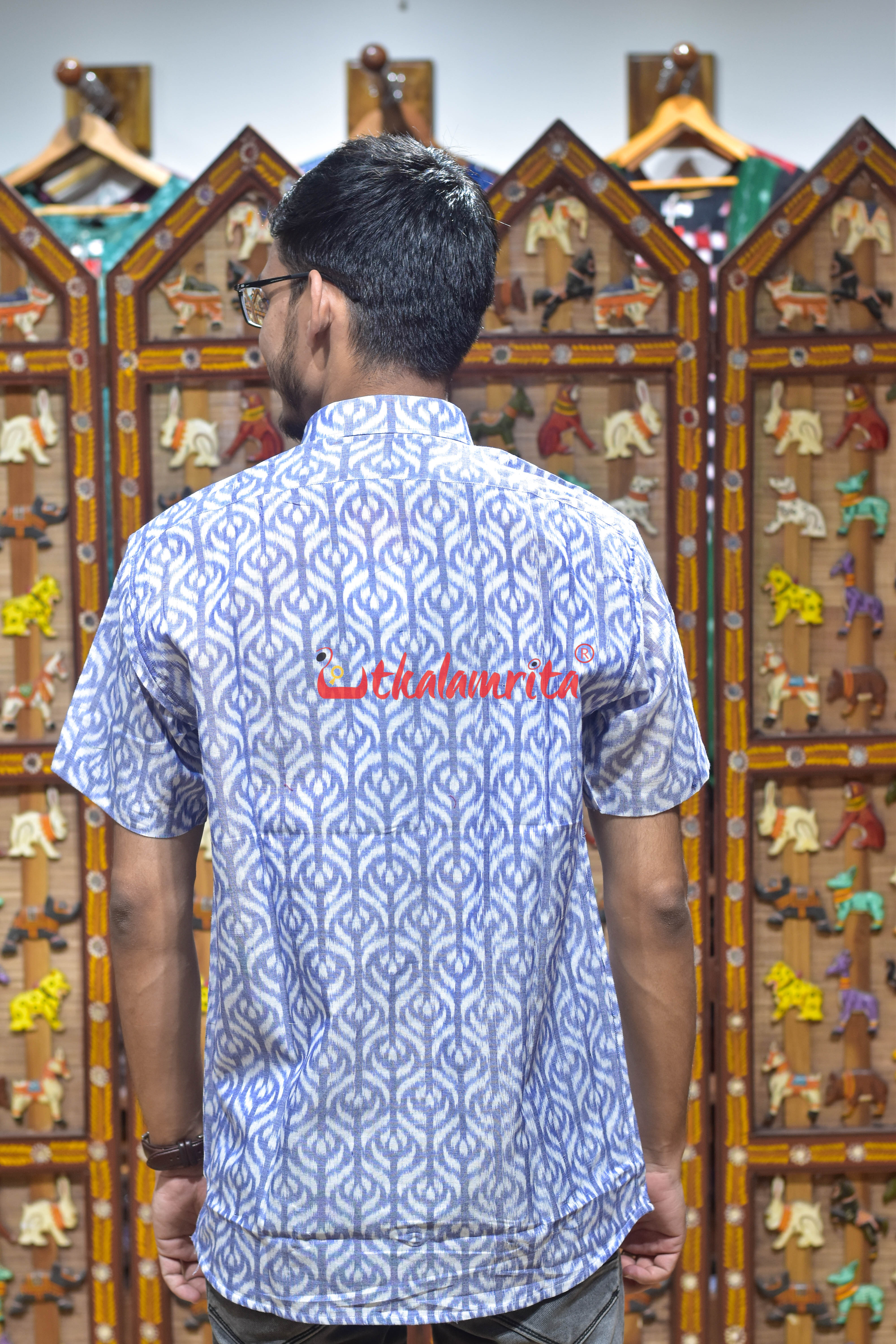 White Blue with Flowers (Men's Half Shirt)