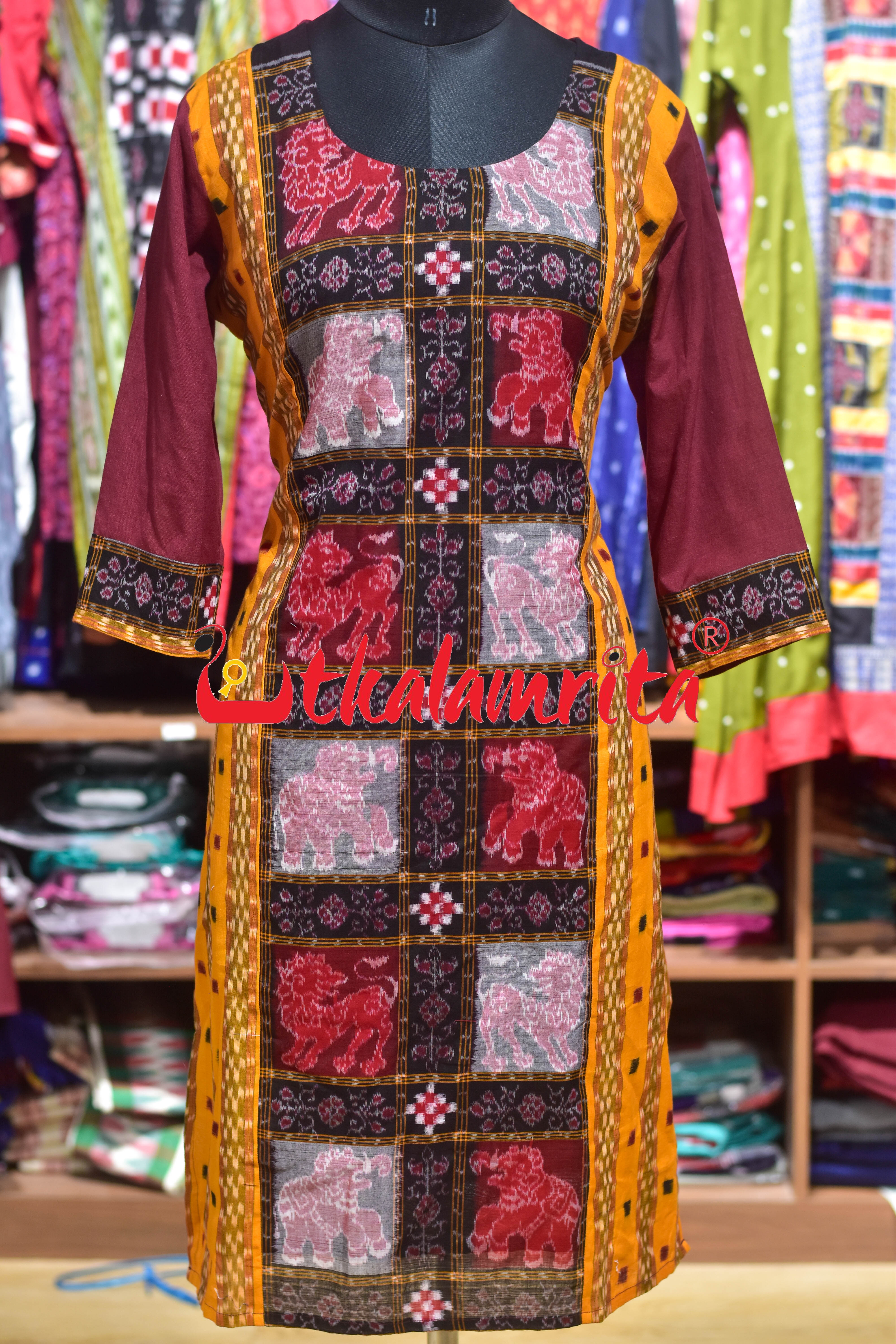 Yellow Tipa Pasapali with Middle Elephants Design (Ladies' Kurti)