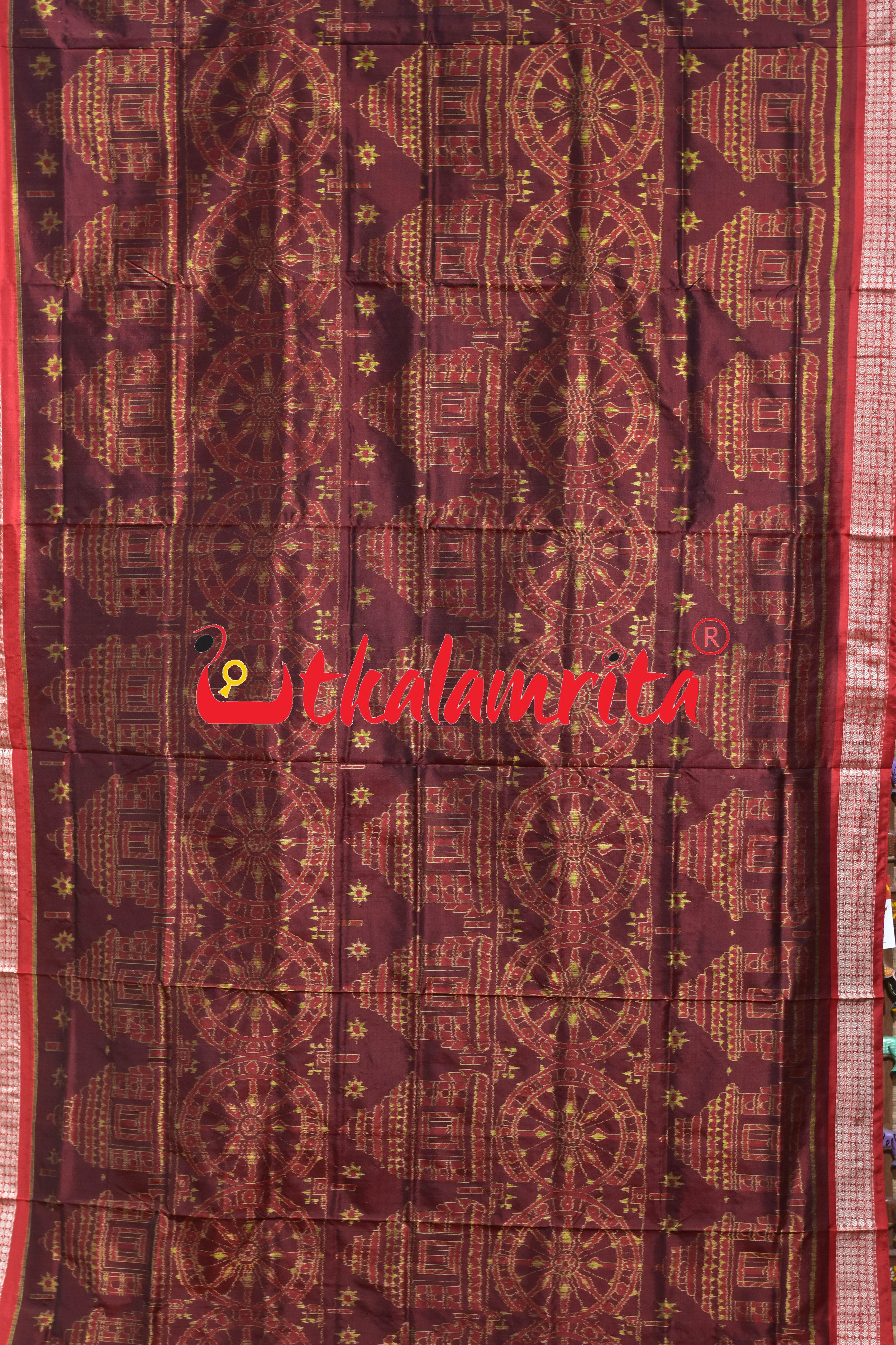 Coffee Red Konark Temple Sambalpuri Silk Saree