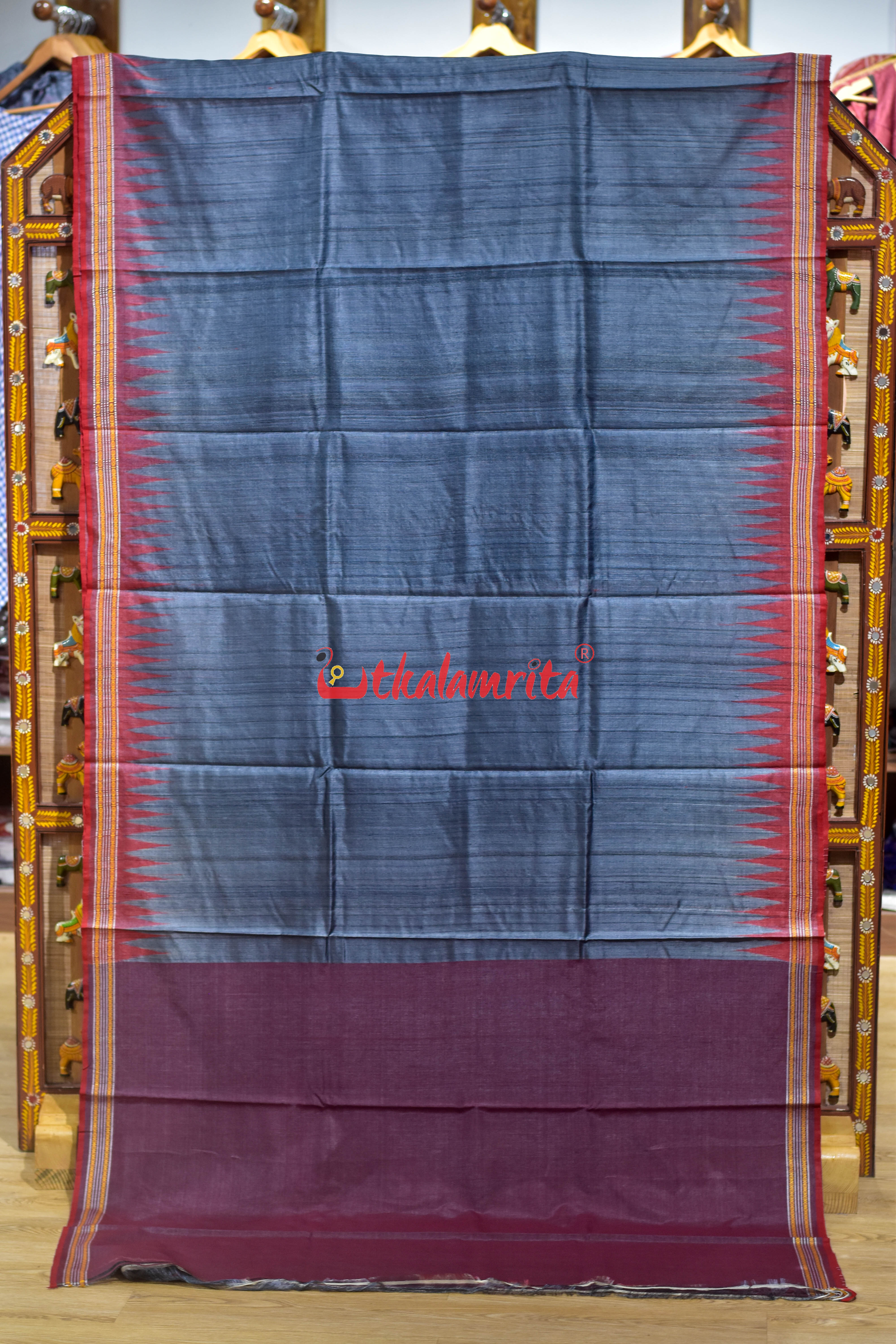 Grey Red Doby Border Gopalpur Tussar Silk Saree