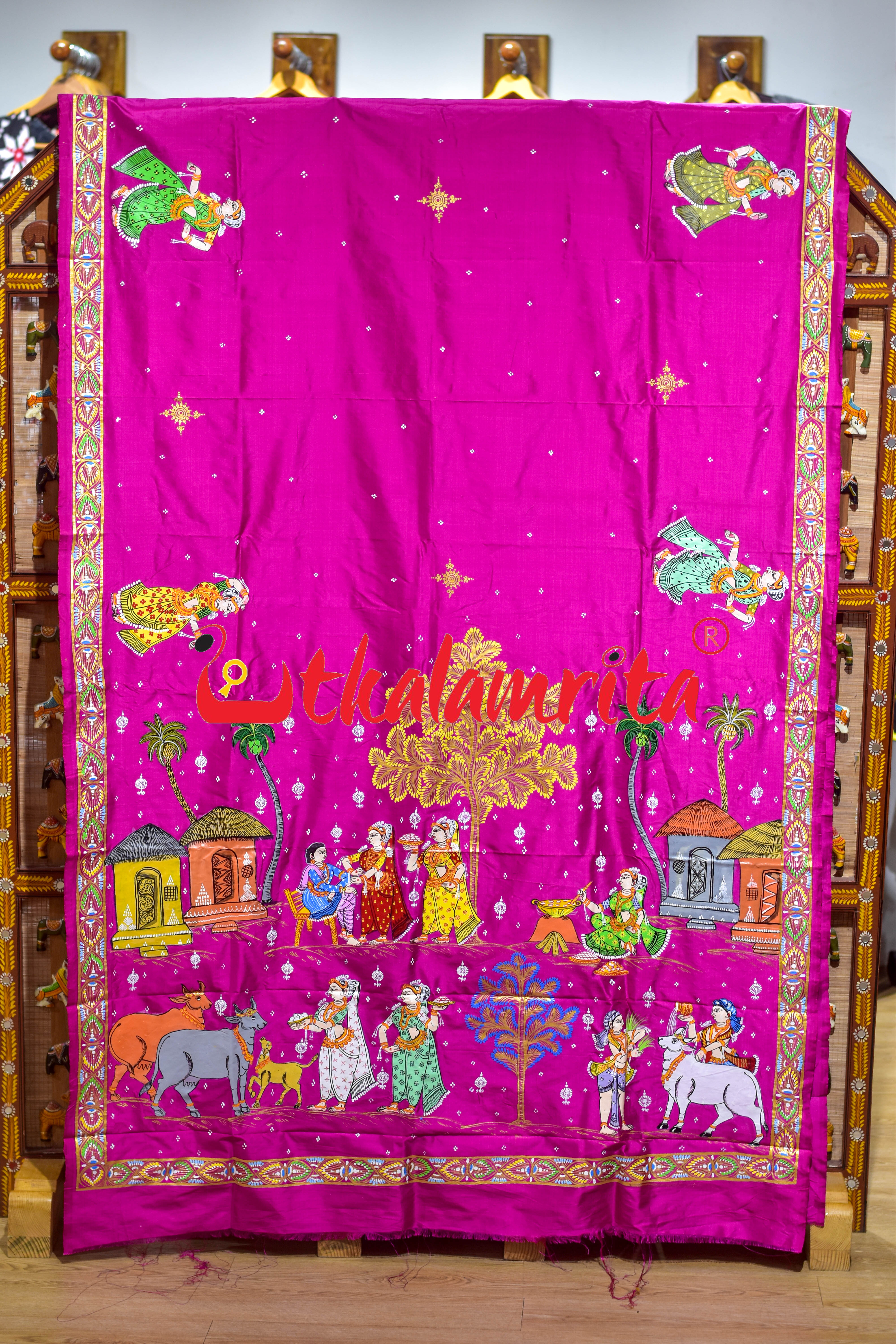 Rani Plain Rakhi Parba Pattachitra Silk Saree