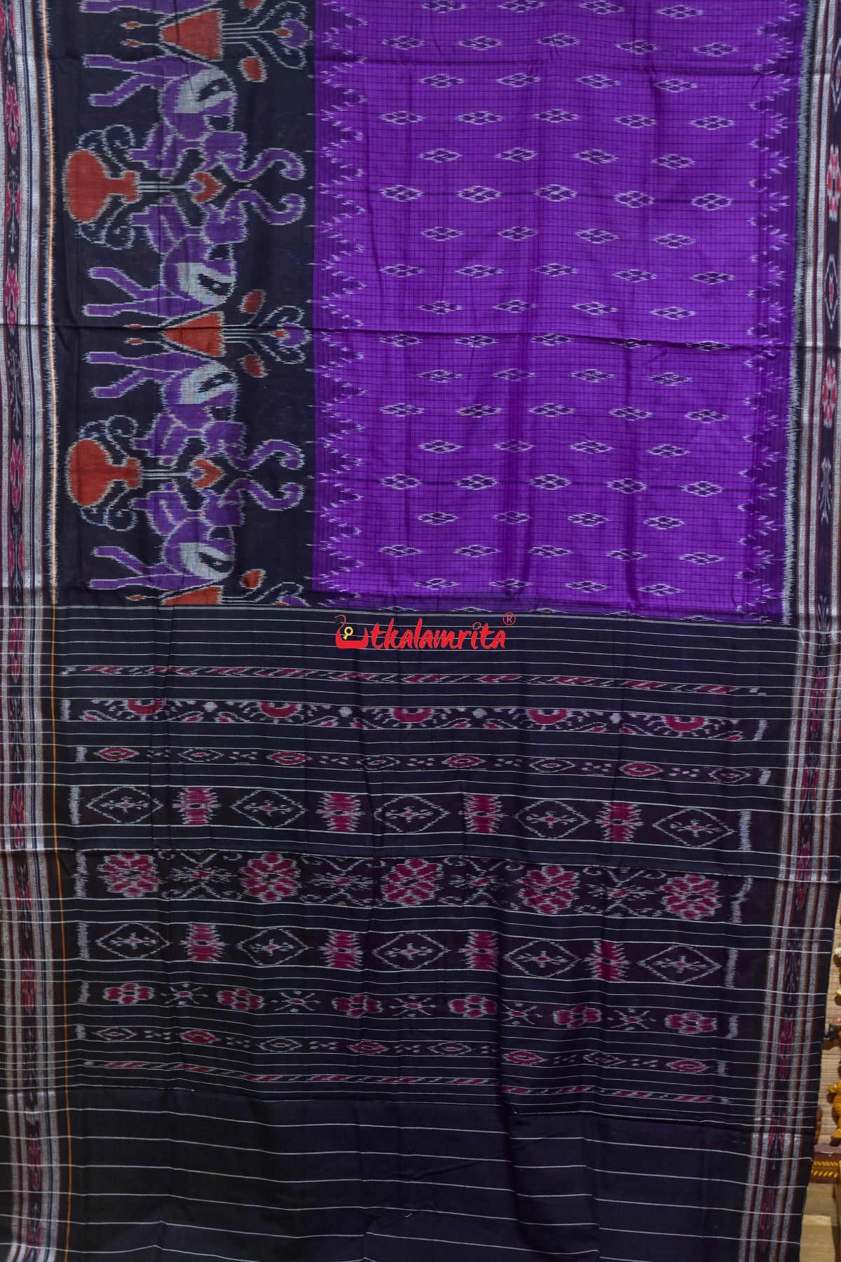 Dual Haathi Purple black Khandua Cotton Saree