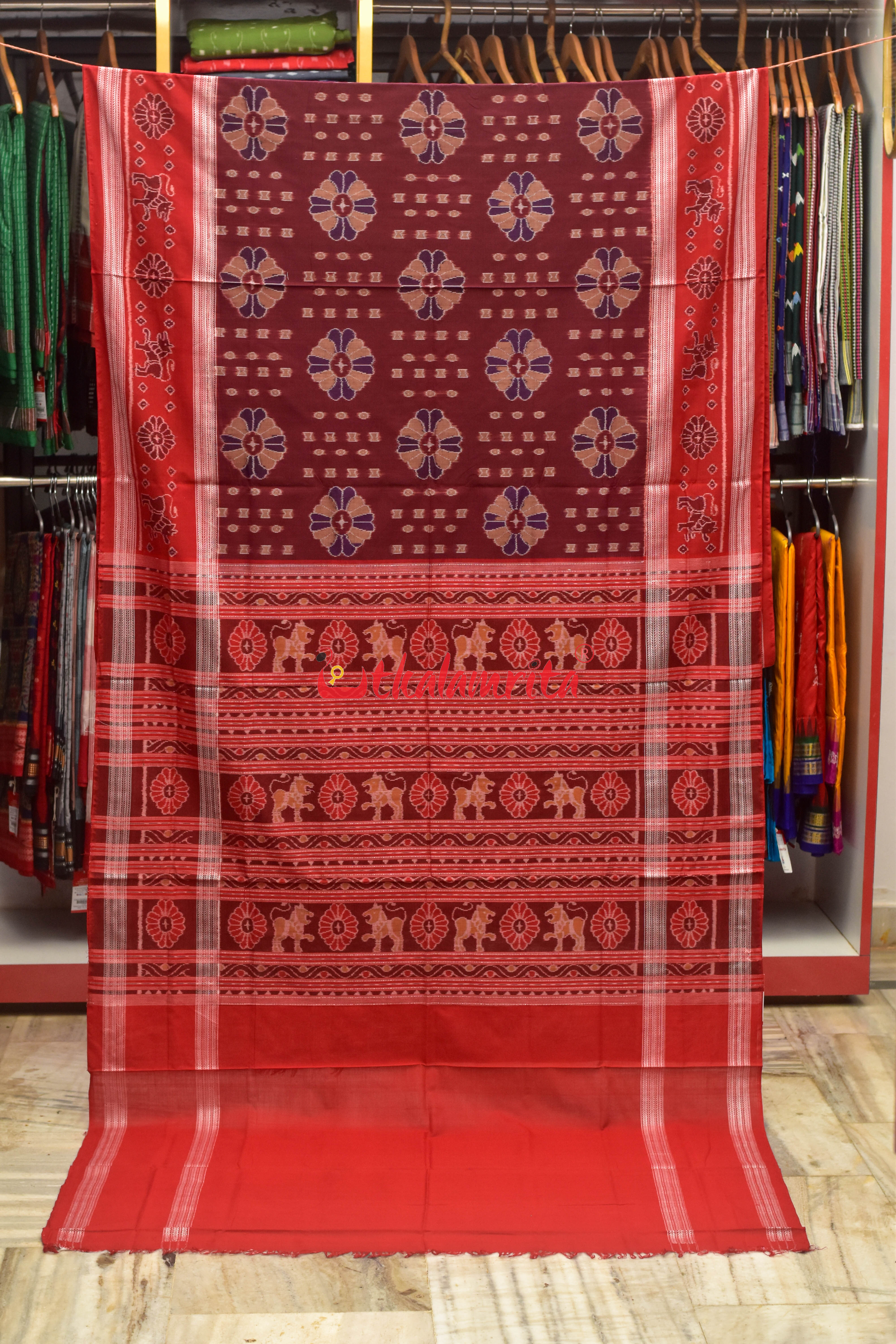 Maroon Baghambari Sambalpuri Cotton Saree