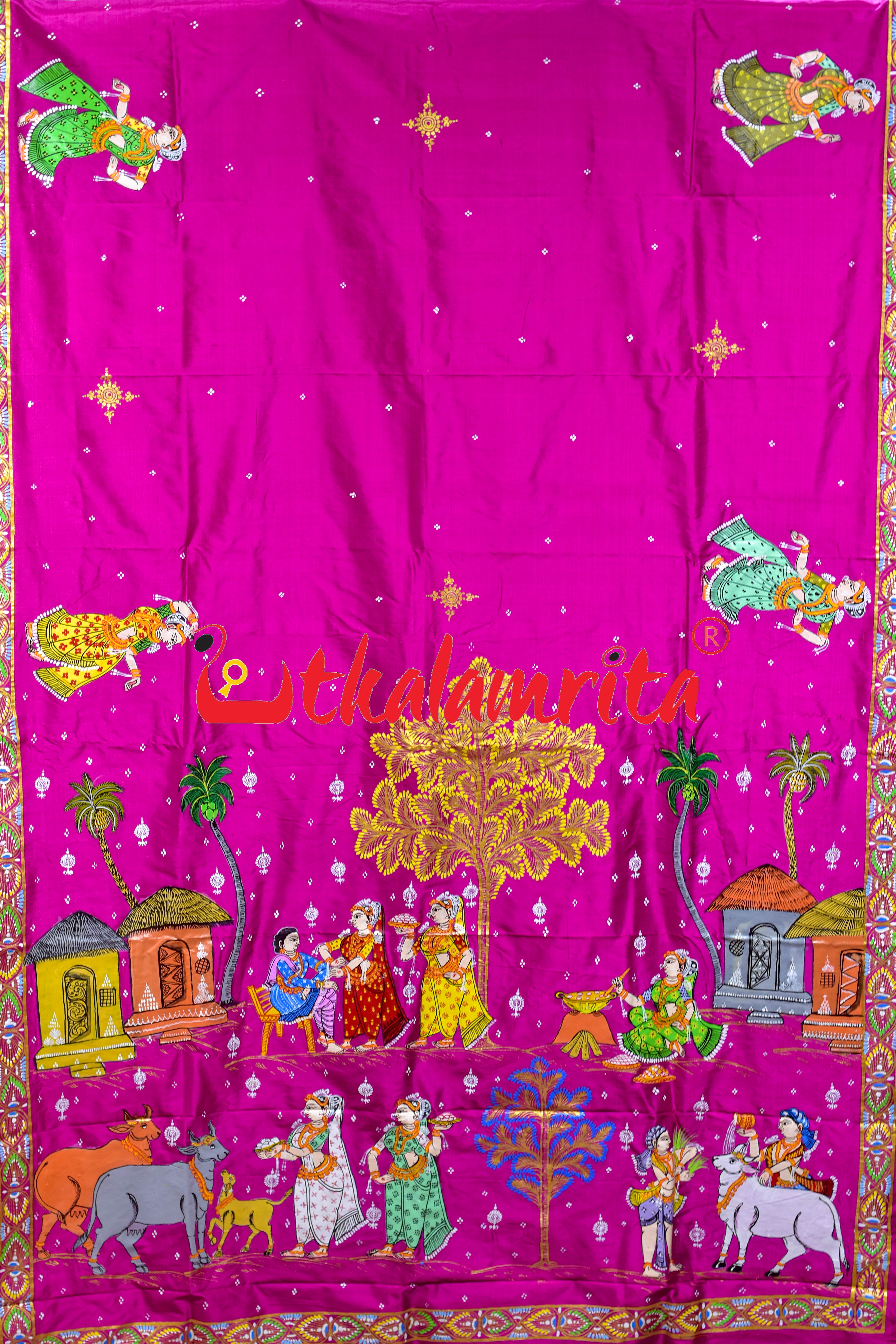 Rani Plain Rakhi Parba Pattachitra Silk Saree
