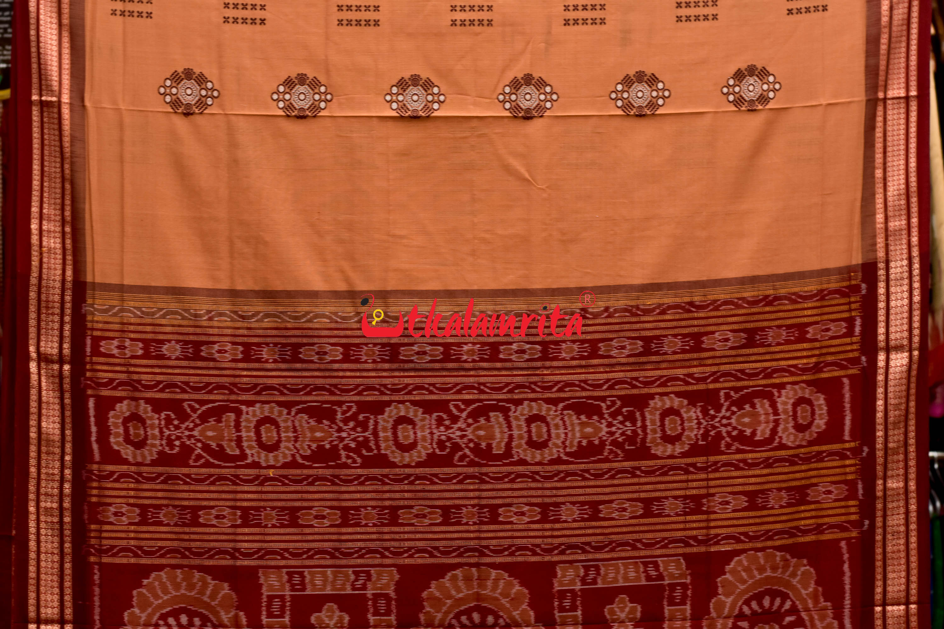 Biscuit Maroon Pentagon Bomkai Cotton Saree