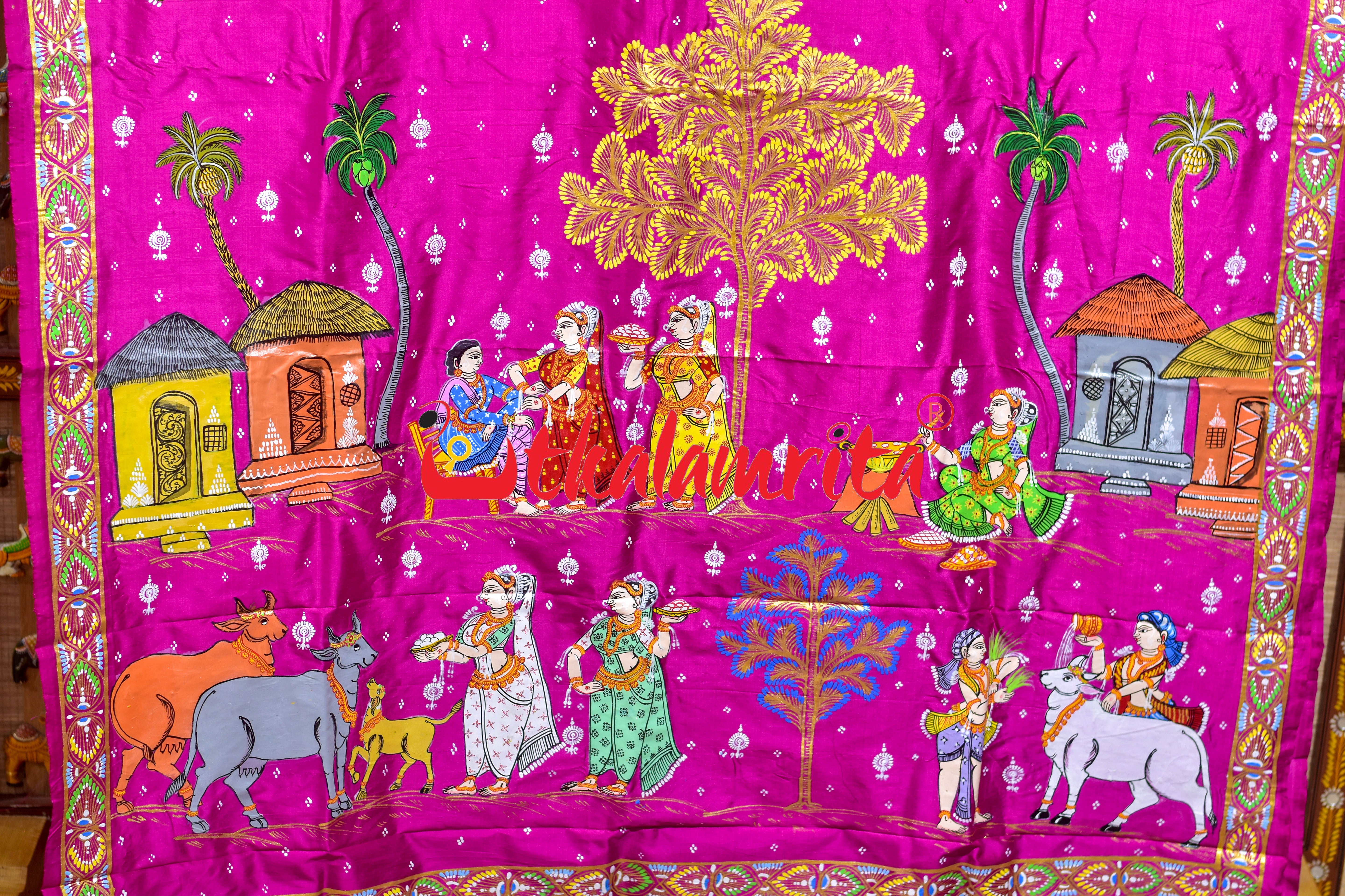 Rani Plain Rakhi Parba Pattachitra Silk Saree