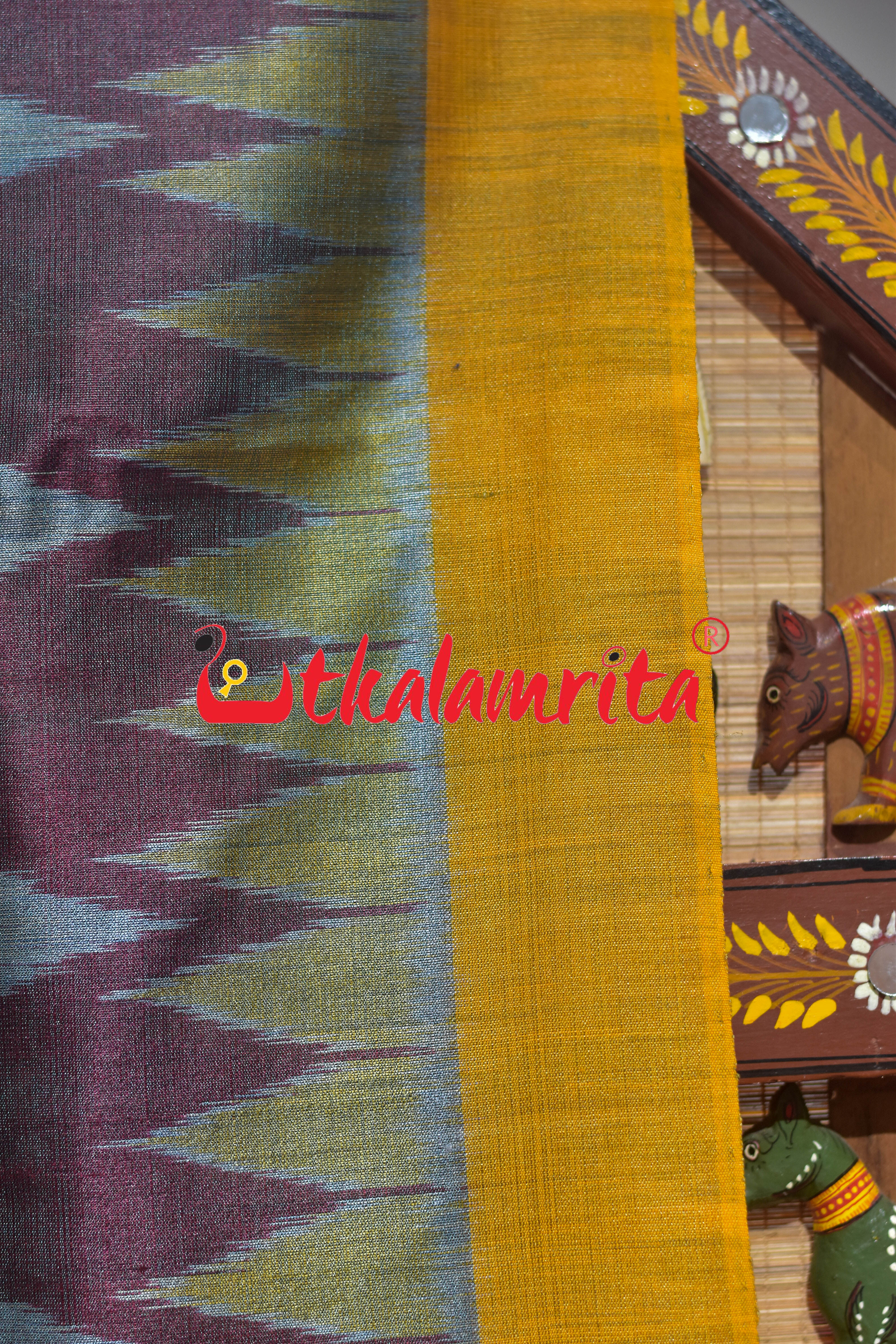 Maroon Yellow Dual Shade Body Ikat Gopalpur Tussar Silk Saree