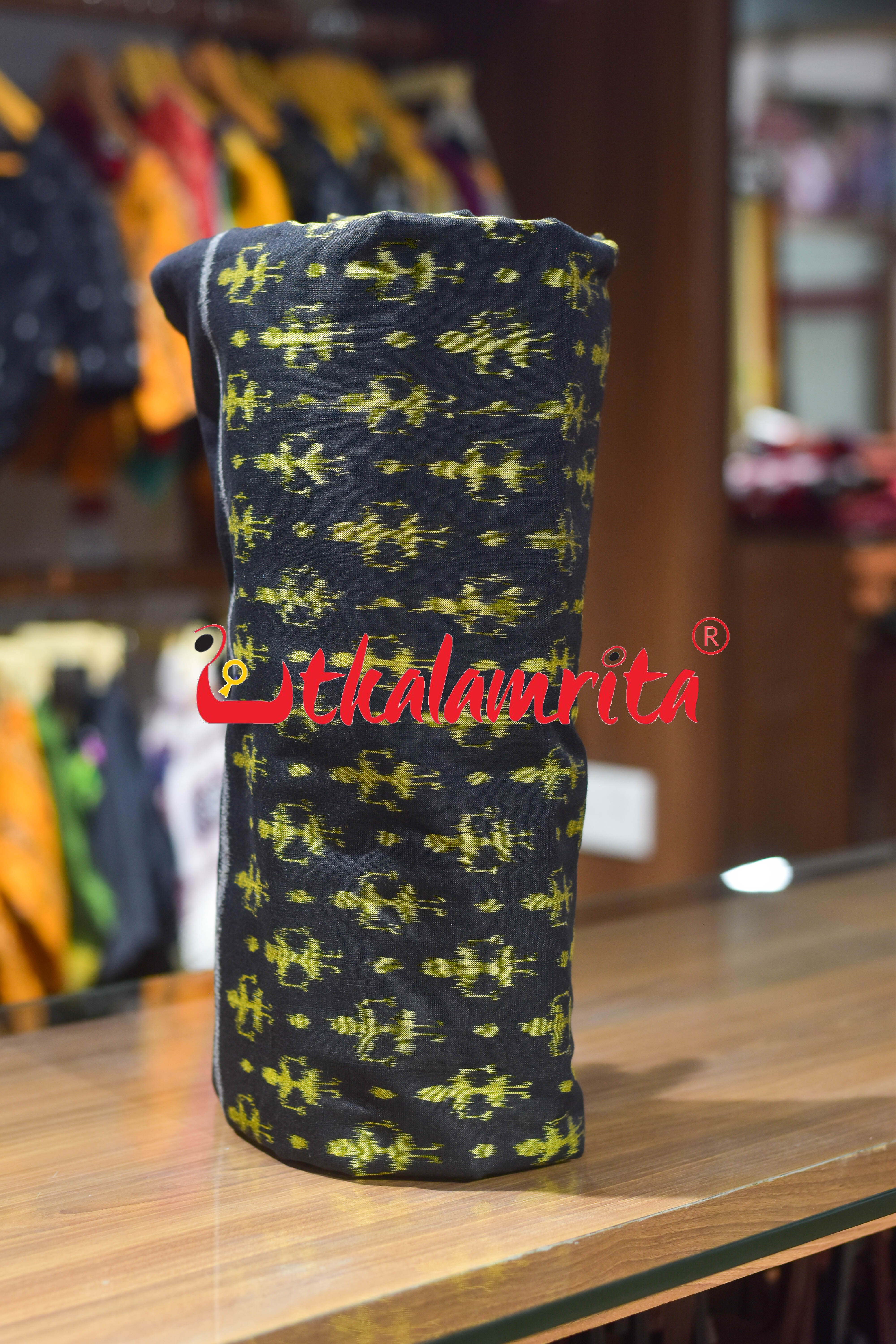 Black Yellow Standing Tribals Sambalpuri Cotton (Fabric)