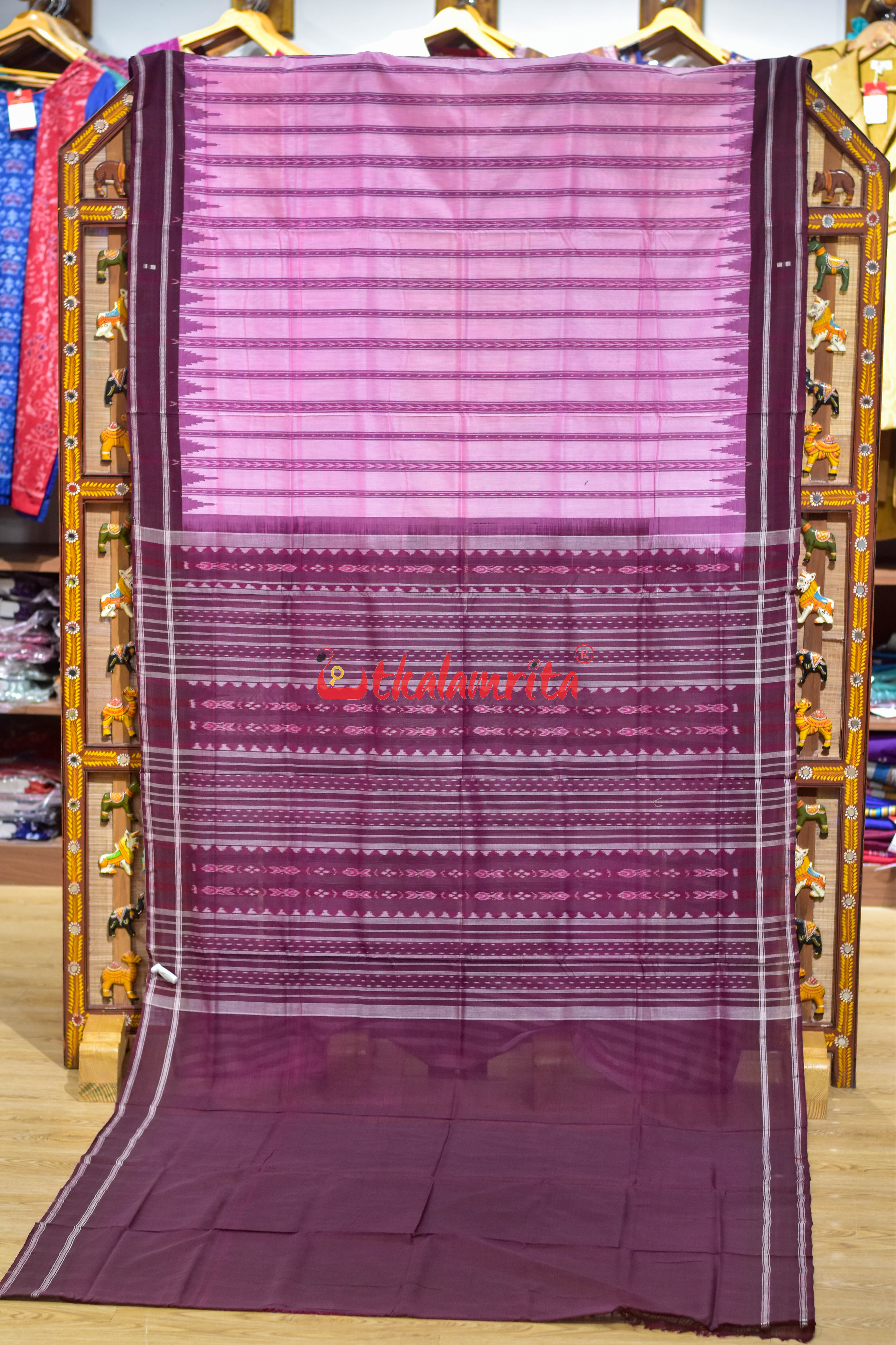 Pink Dhanpatri with Maroon Border Cotton Bapta Saree