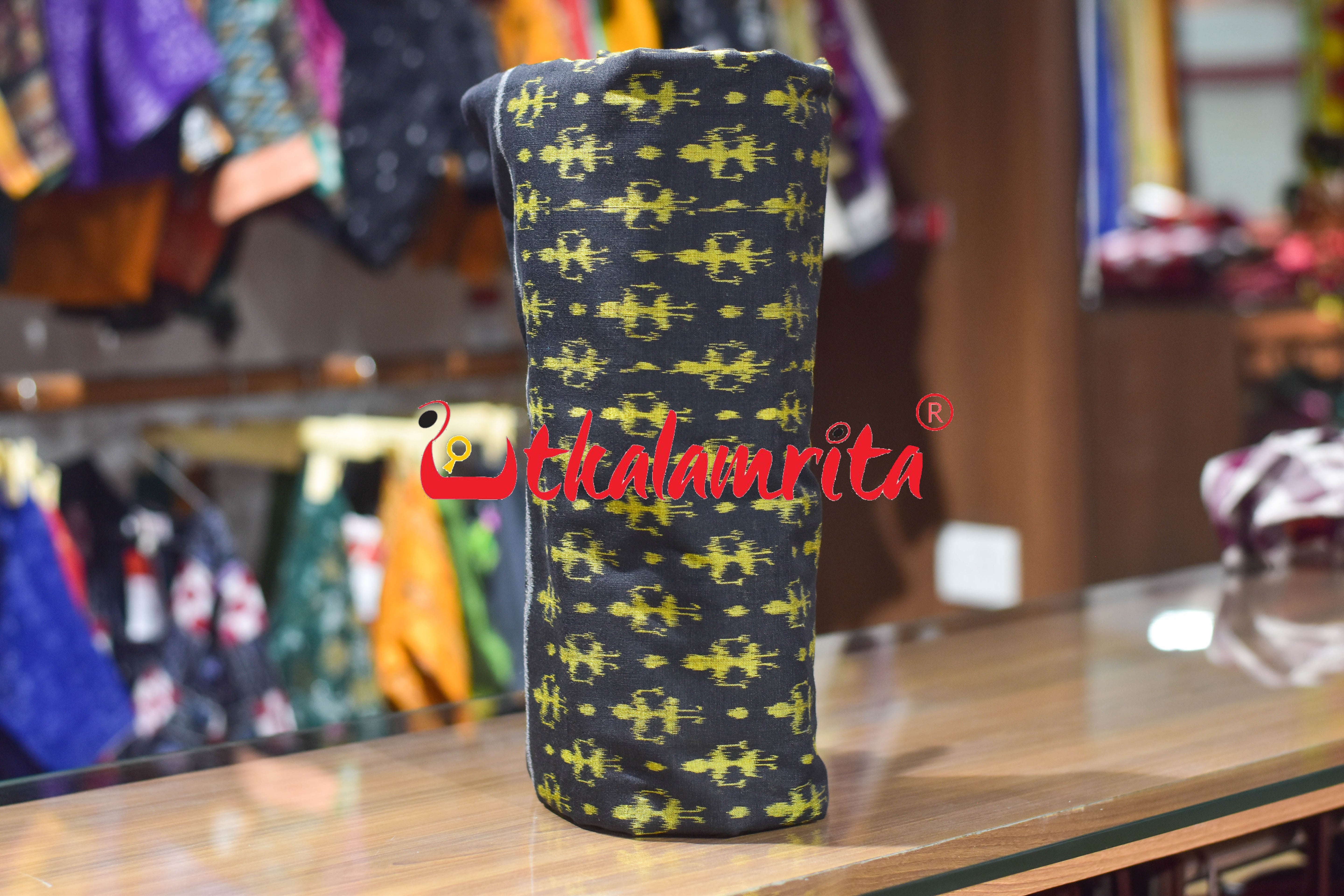 Black Yellow Standing Tribals Sambalpuri Cotton (Fabric)