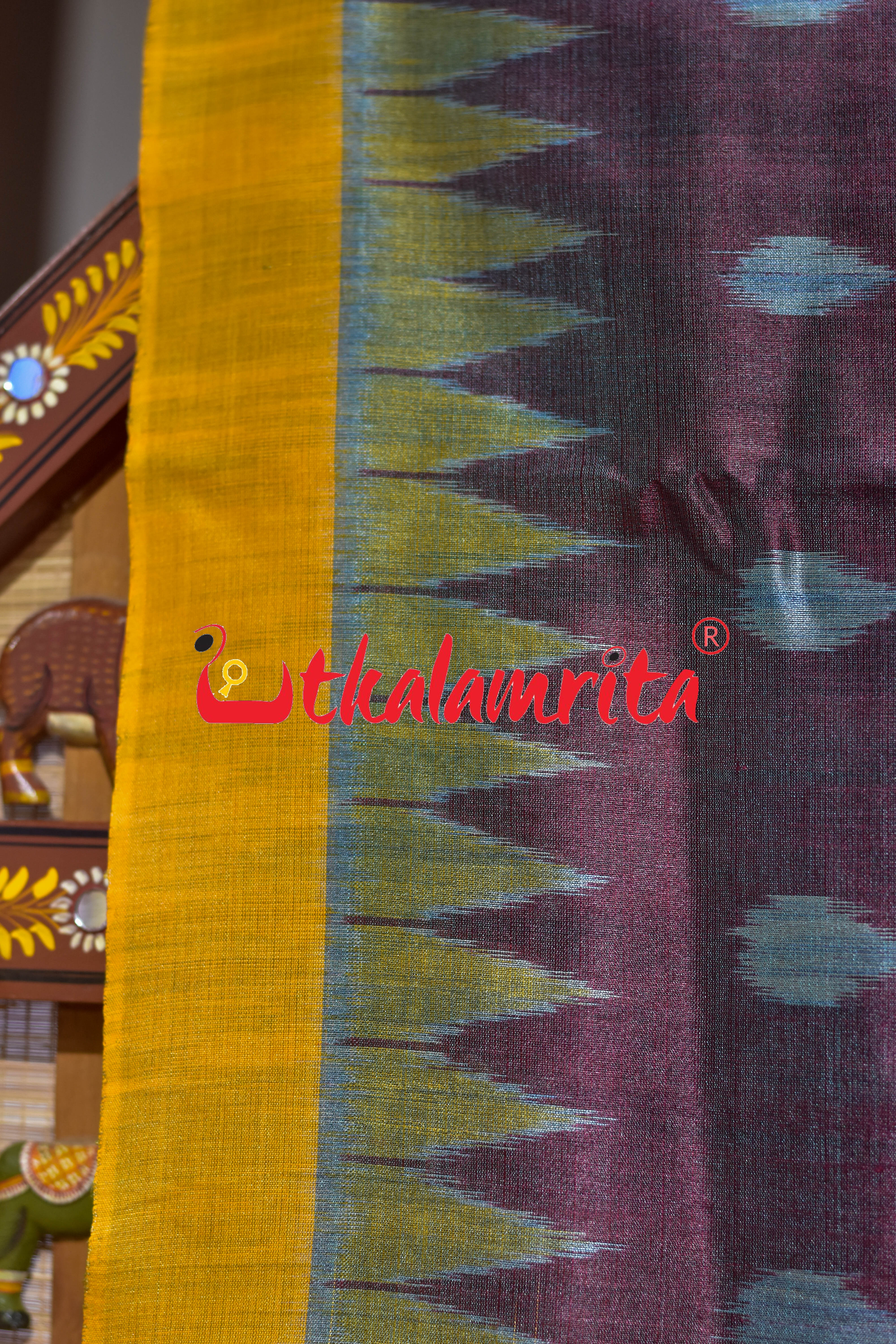 Maroon Yellow Dual Shade Body Ikat Gopalpur Tussar Silk Saree