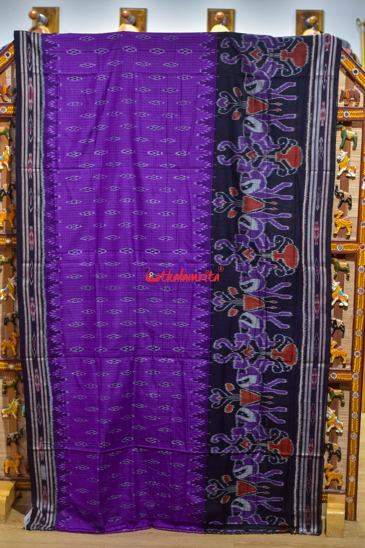 Dual Haathi Purple black Khandua Cotton Saree