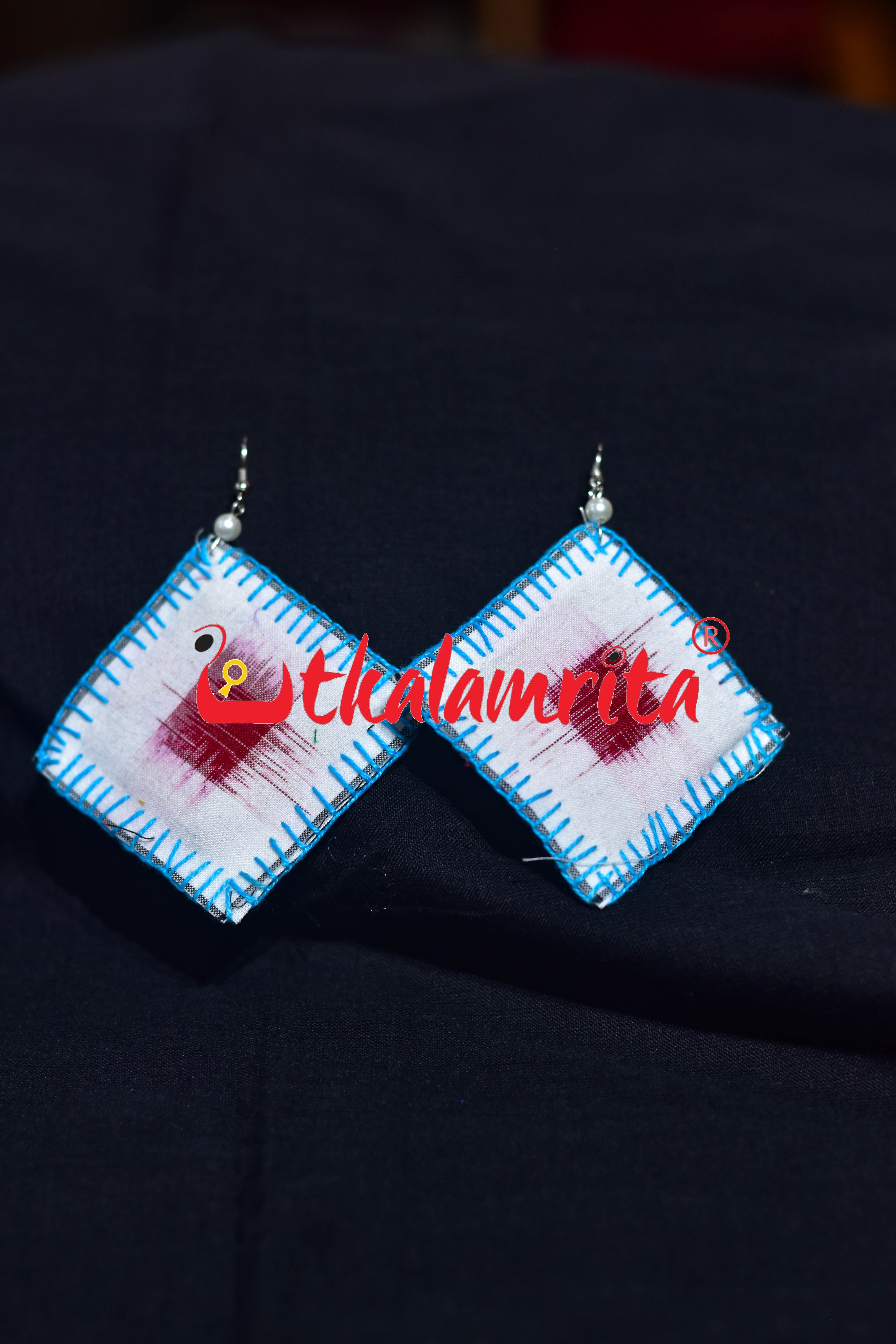 White Pasapali Blue Thread Earrings