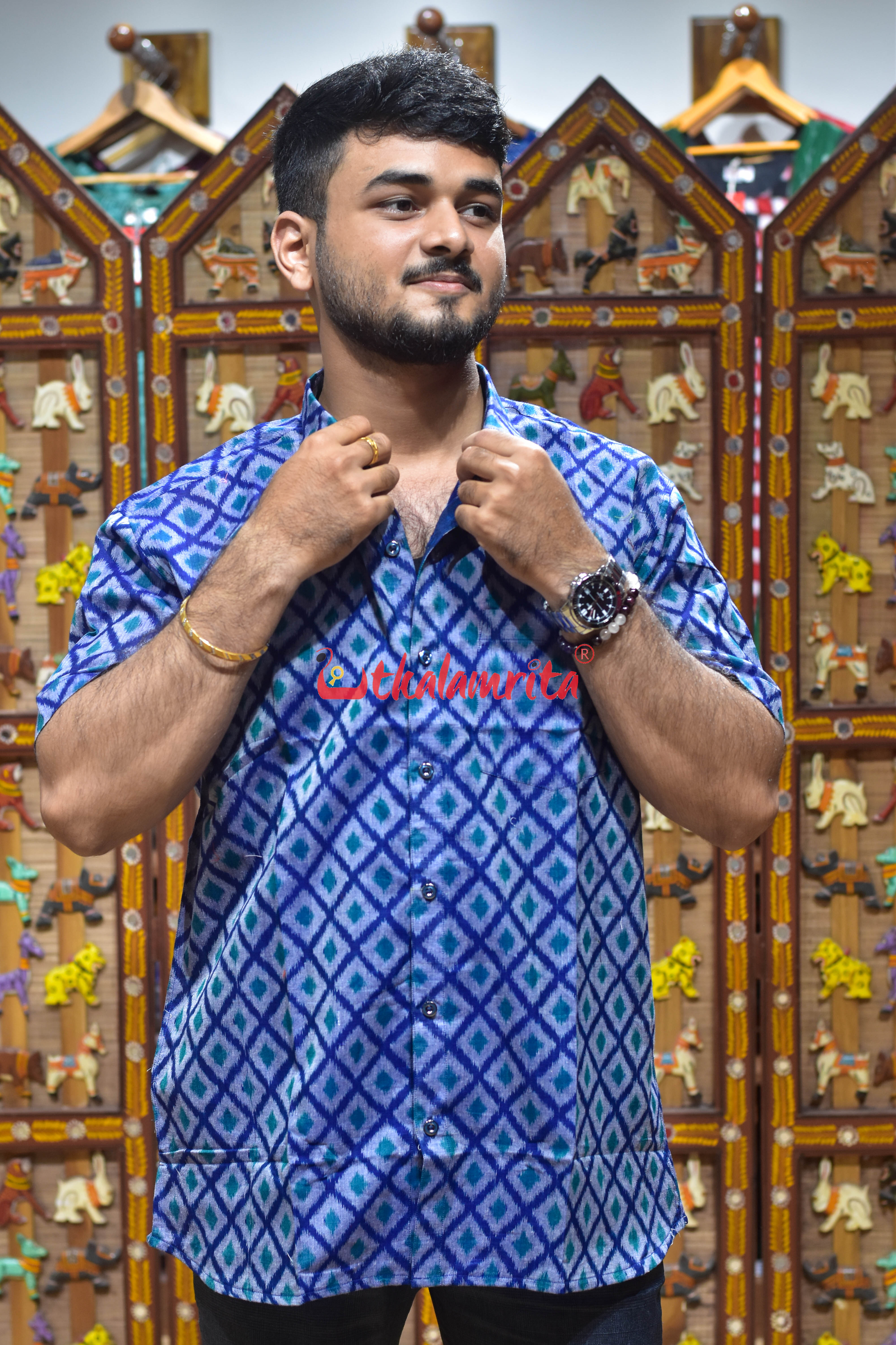 Grey Thikiri Over Blue (Men's Half Shirt)
