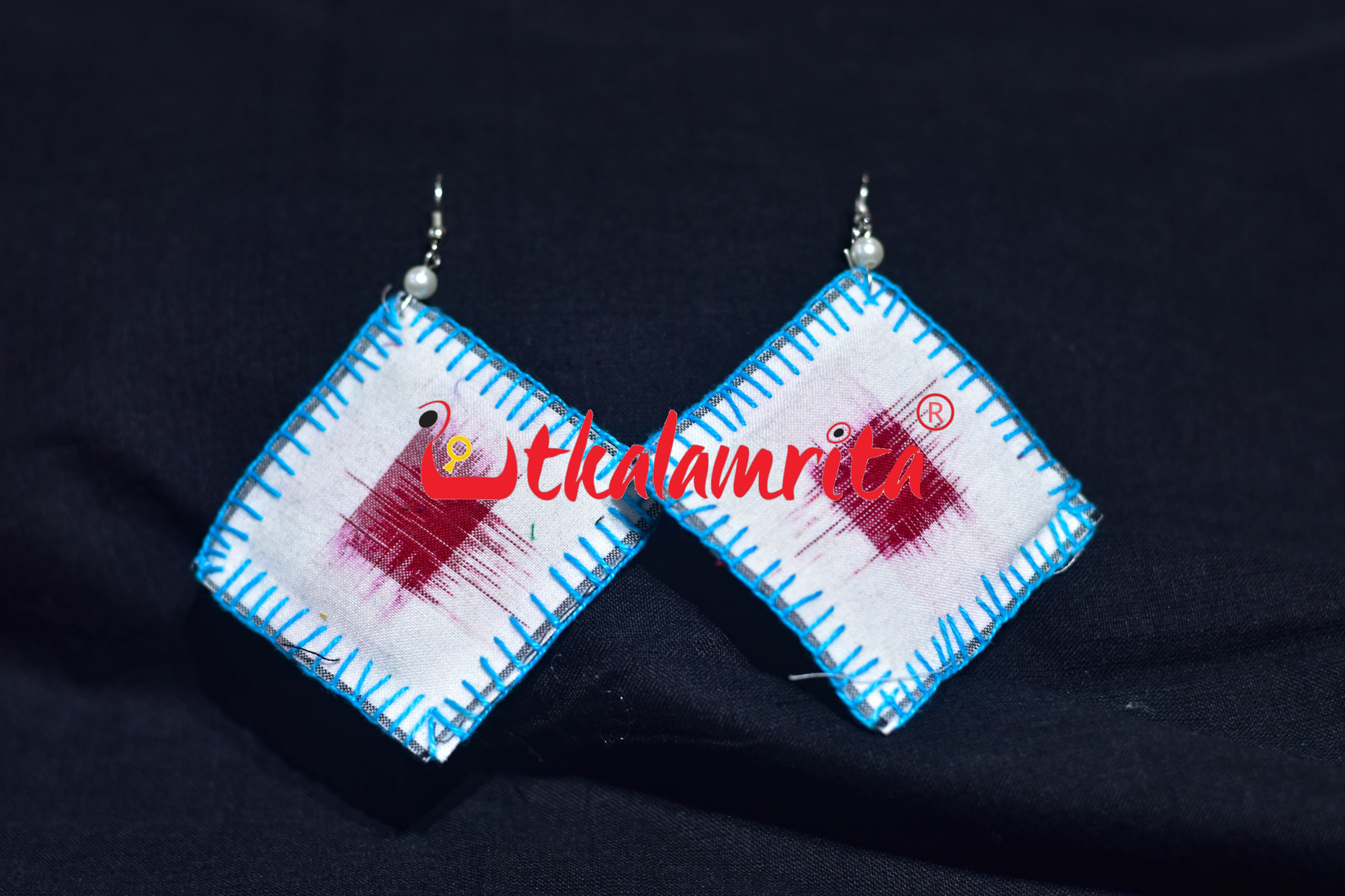 White Pasapali Blue Thread Earrings