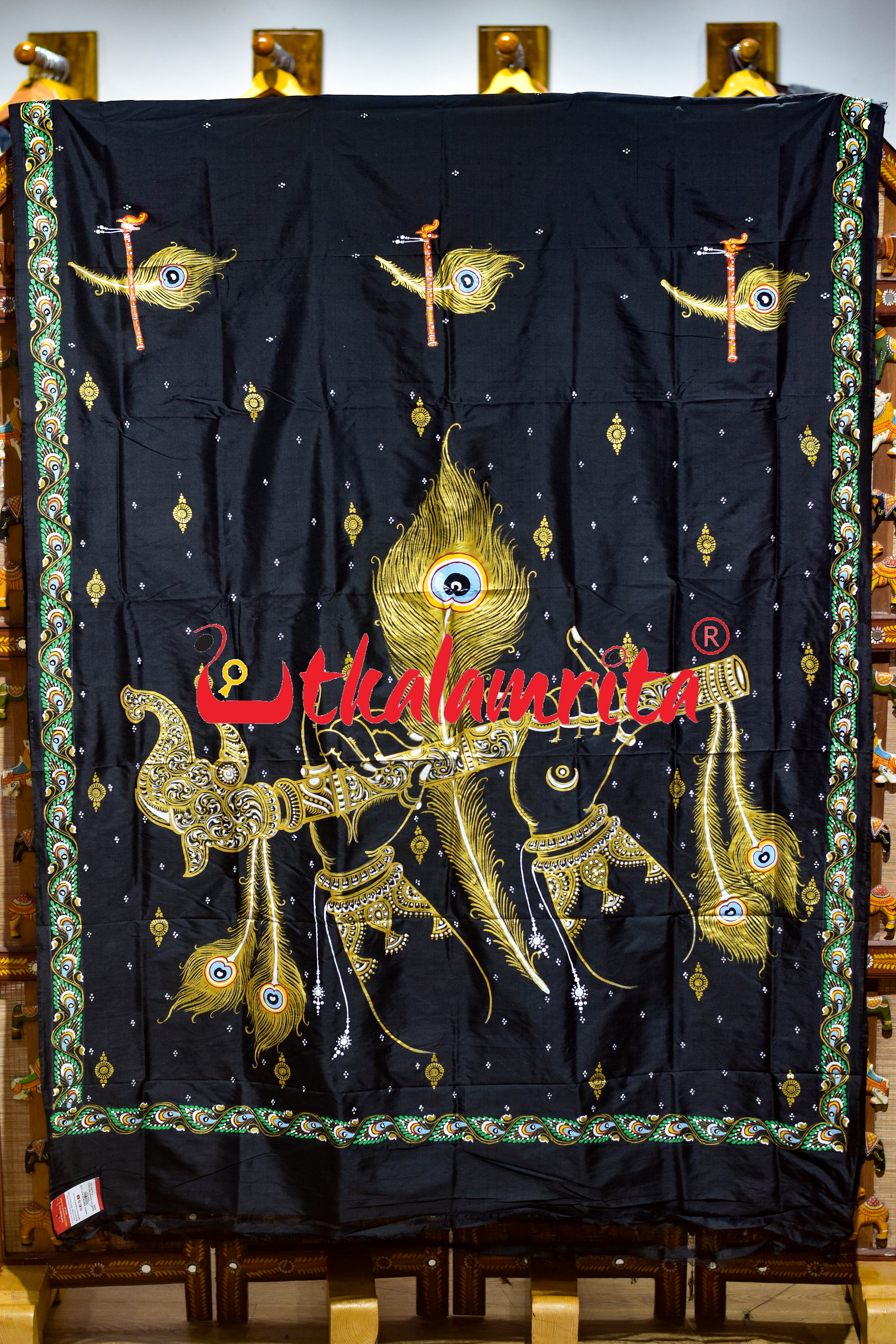 Black Plain Krushna Representation Pattachitra Silk Saree