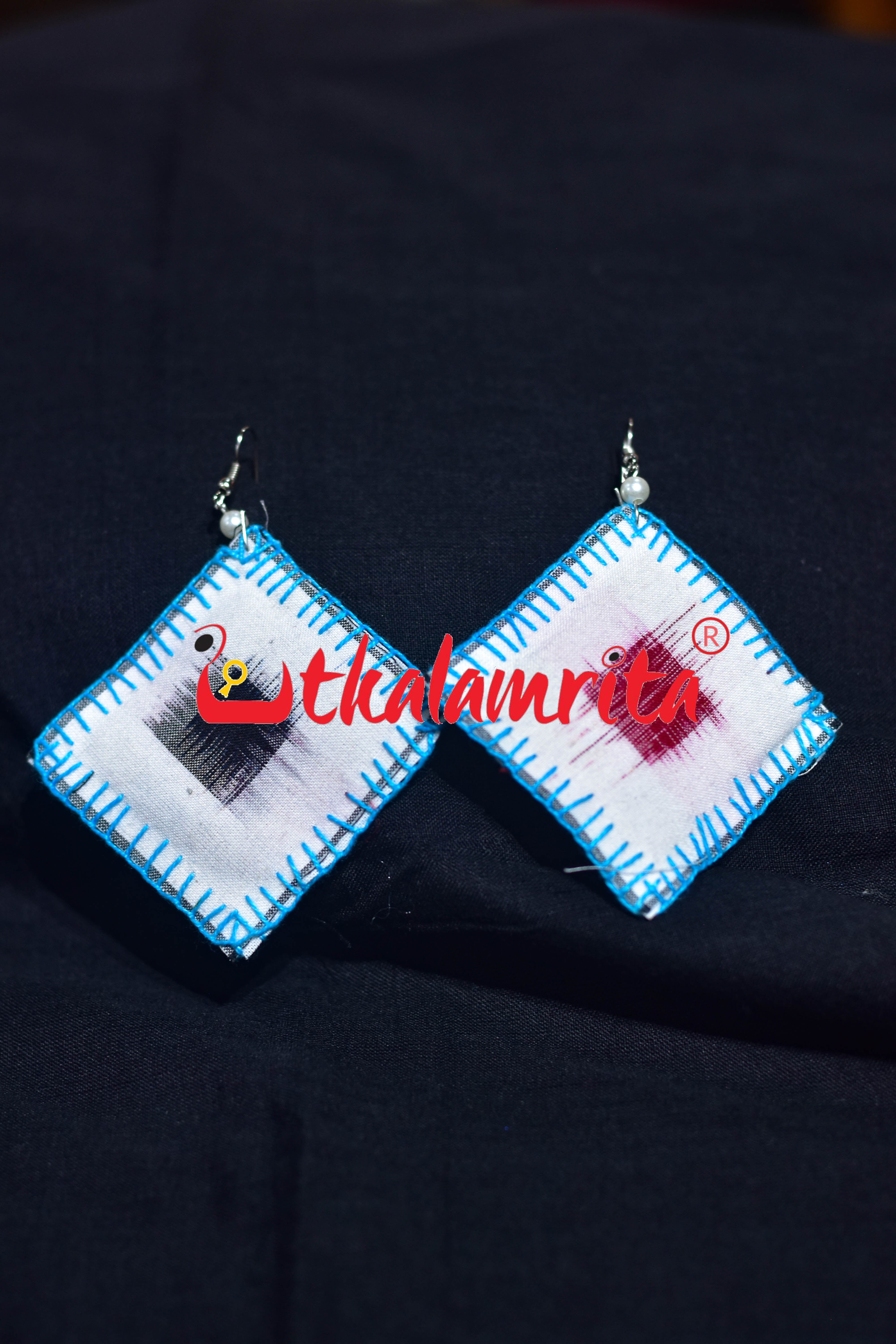 White Pasapali Blue Thread Earrings